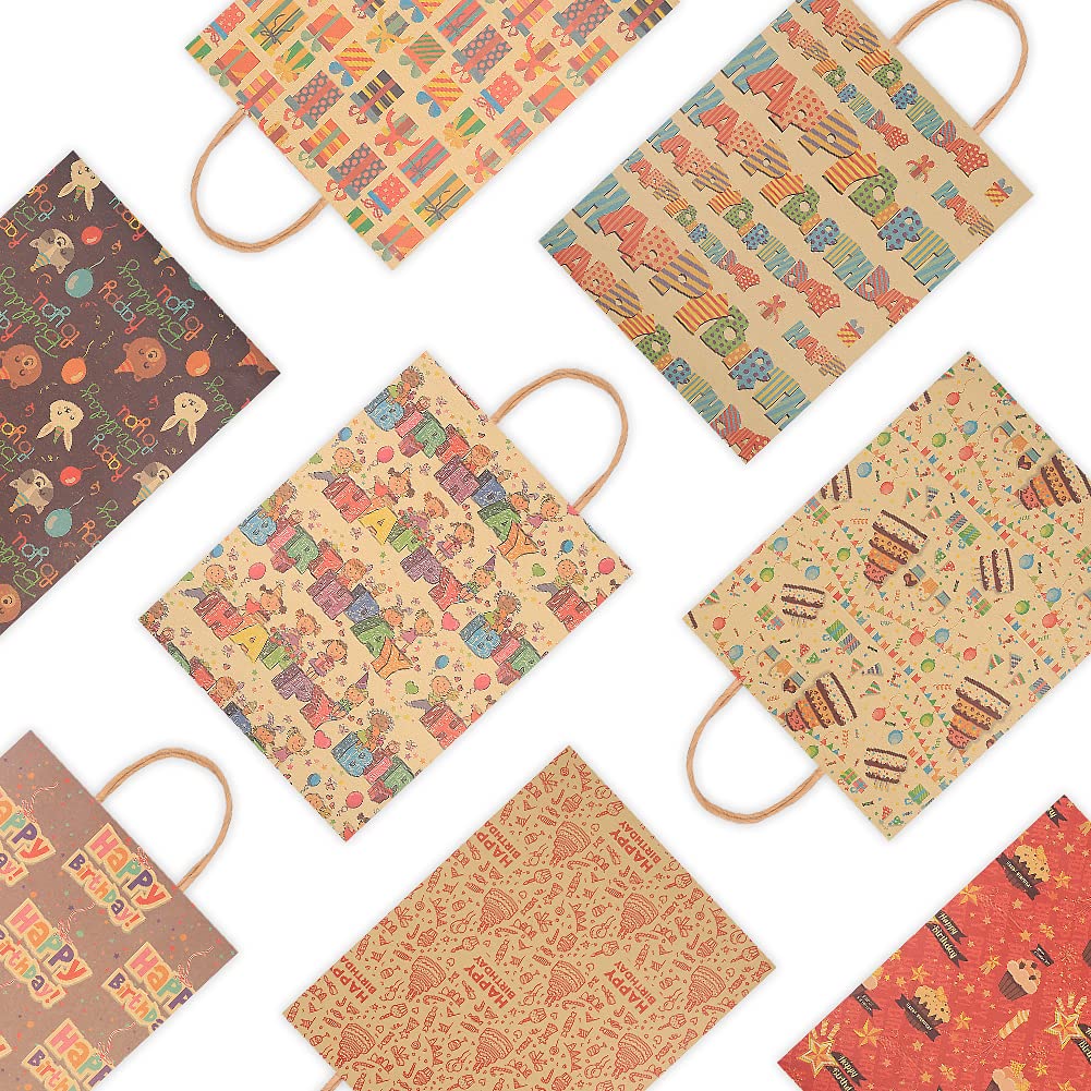 8-Pack Birthday Kraft Paper Gift Bags with Handles - 10x4x12.6in Thick 150gsm Colorful Party Favor Bags for Kids & Adults - Perfect for Birthday Parties, Baby Showers & Holiday Gifting
