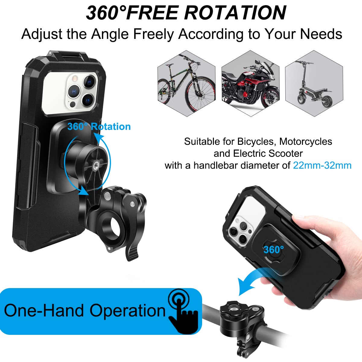 Universal Waterproof Bike Phone Mount - 360° Rotatable Anti-Vibration Bicycle Smartphone Holder with Touchscreen Compatibility for 5.5-6.8 Inch Phones (Large, Black) | Perfect for Cycling, Commuting & Outdoor Adventures