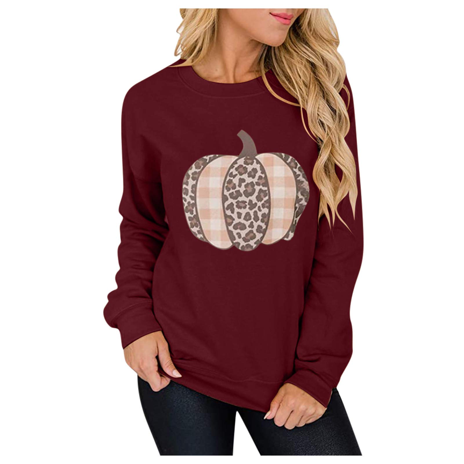 Miximx Women's Flowy Halloween Print Crewneck Blouse - Long Sleeve Loose Casual T-Shirt for Halloween Party, Cosplay & Everyday Wear