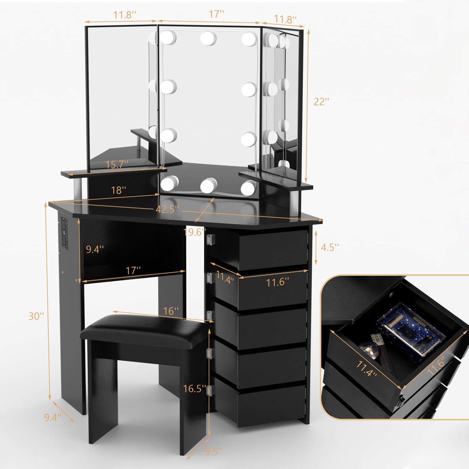 VOWNER Lighted Makeup Vanity Desk with Power Outlet - Adjustable 3-Color LED Mirror & 5 Rotating Drawers, Vanity Table with Stool & Shelves for Bedroom (Black) - Perfect for Beauty Routines & Small Space Organization