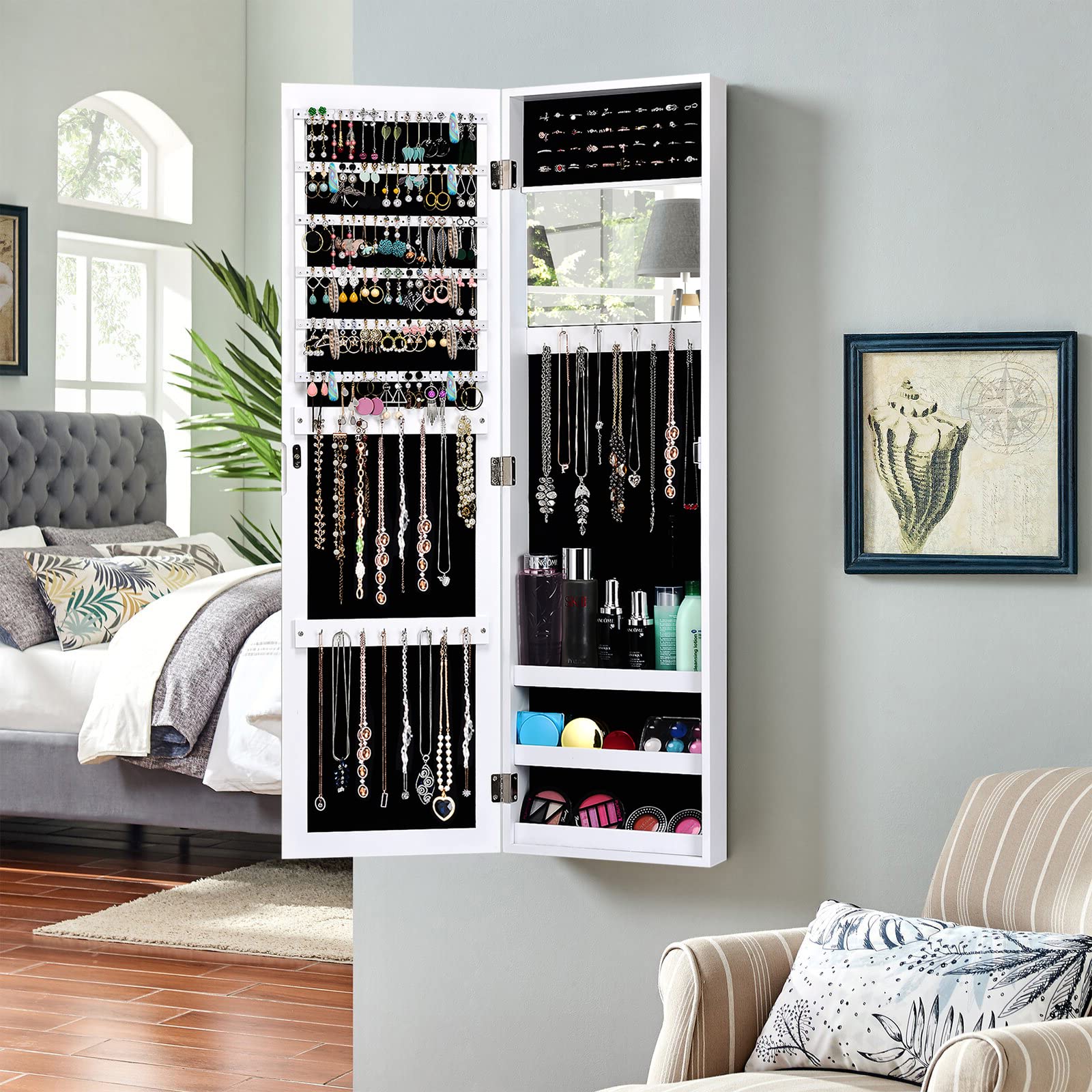 COSTWAY Full Length Mirror Jewelry Cabinet with Makeup Mirror - Wall Mounted Jewelry Organizer with Ring Slots & Necklace Hooks - Large Storage Jewelry Armoire for Bedroom & Dressing Room (White) - Perfect for Vanity, Closet Organization & Home Decor