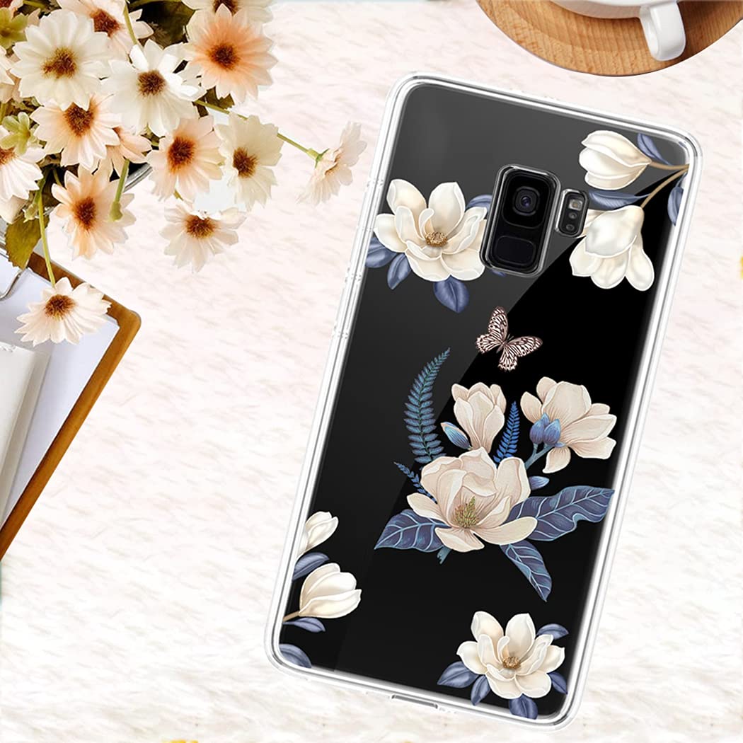 Cute Clear Slim Shockproof Samsung Galaxy S9 Case for Women - Soft Flexible TPU Rubber Protective Phone Cover with Floral Pattern (White Flower) | Perfect for Everyday Use, Work & Travel Protection