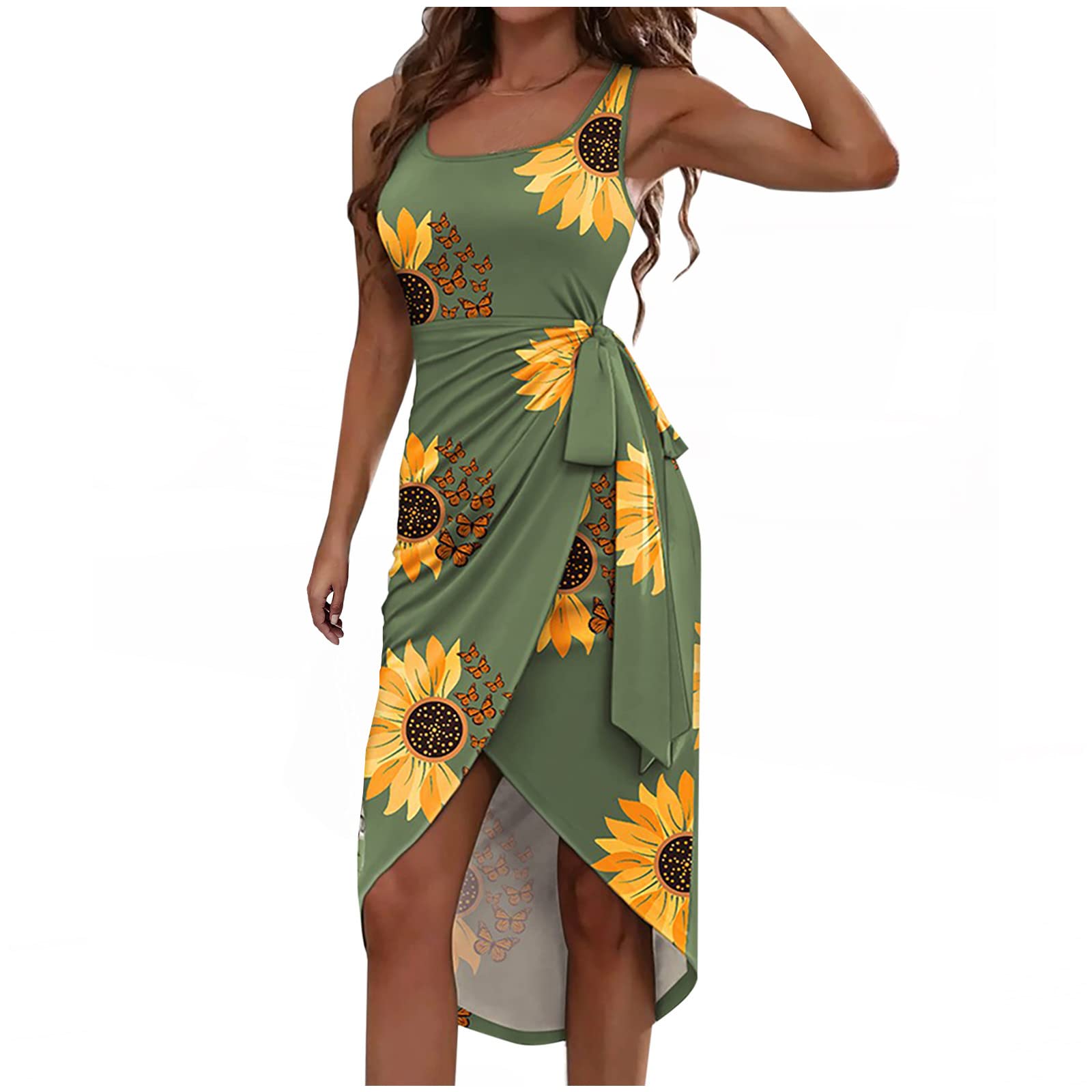 Women's Floral Print Sleeveless Midi Dress - Summer Scoop Neck Bodycon Tank Dress with Tie Waist & Irregular Hem | Perfect for Beach Vacations, Date Nights & Casual Outings