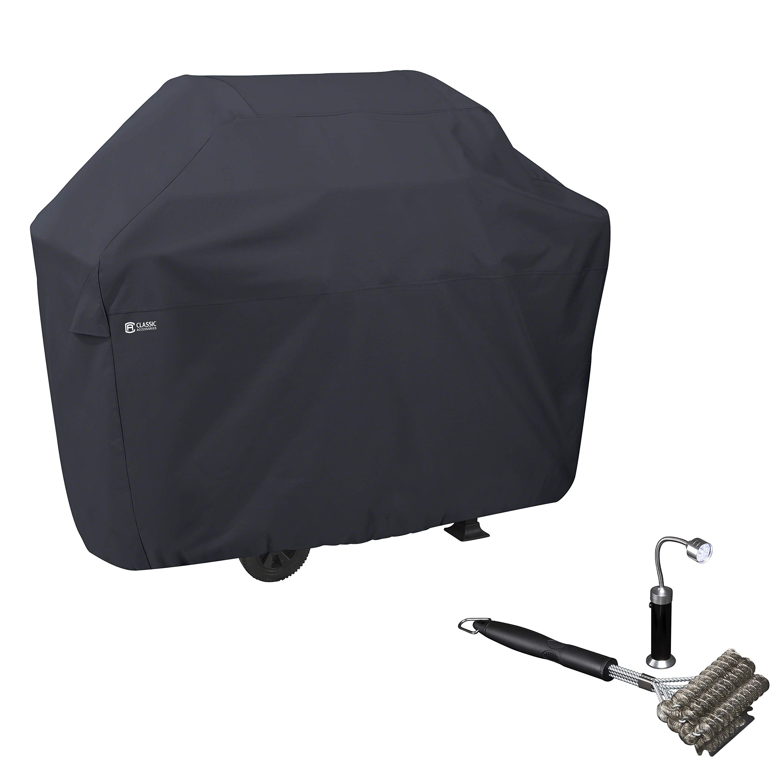 Classic Accessories 64 Inch Water-Resistant BBQ Grill Cover with Coiled Brush & Magnetic LED Light - Perfect for Outdoor Grilling and Backyard Barbecues