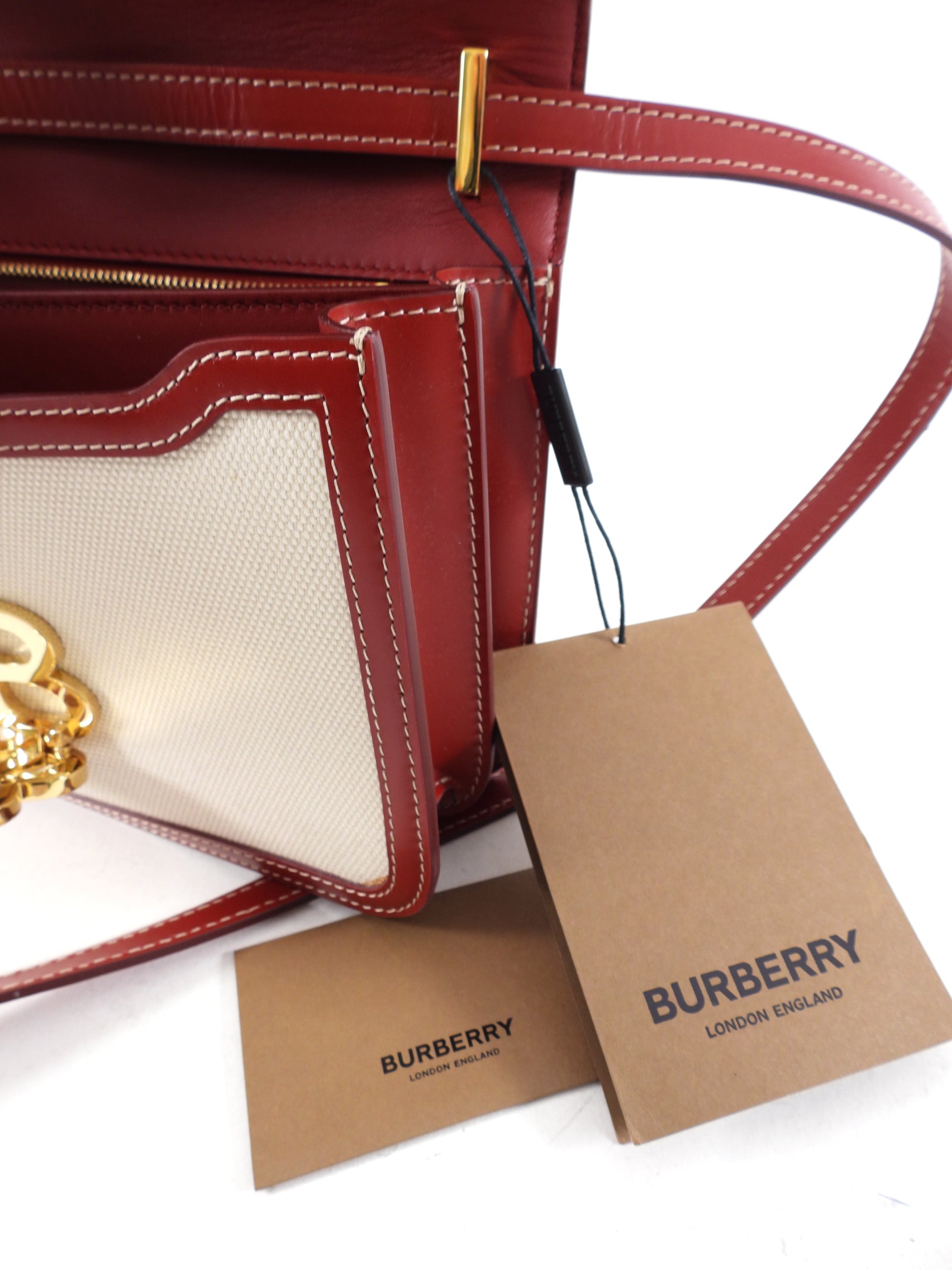 Burberry Small TB Canvas Toile and Red Leather Crossbody Bag for Women | Luxury Designer Handbag for Everyday Use, Date Night & Travel Accessories