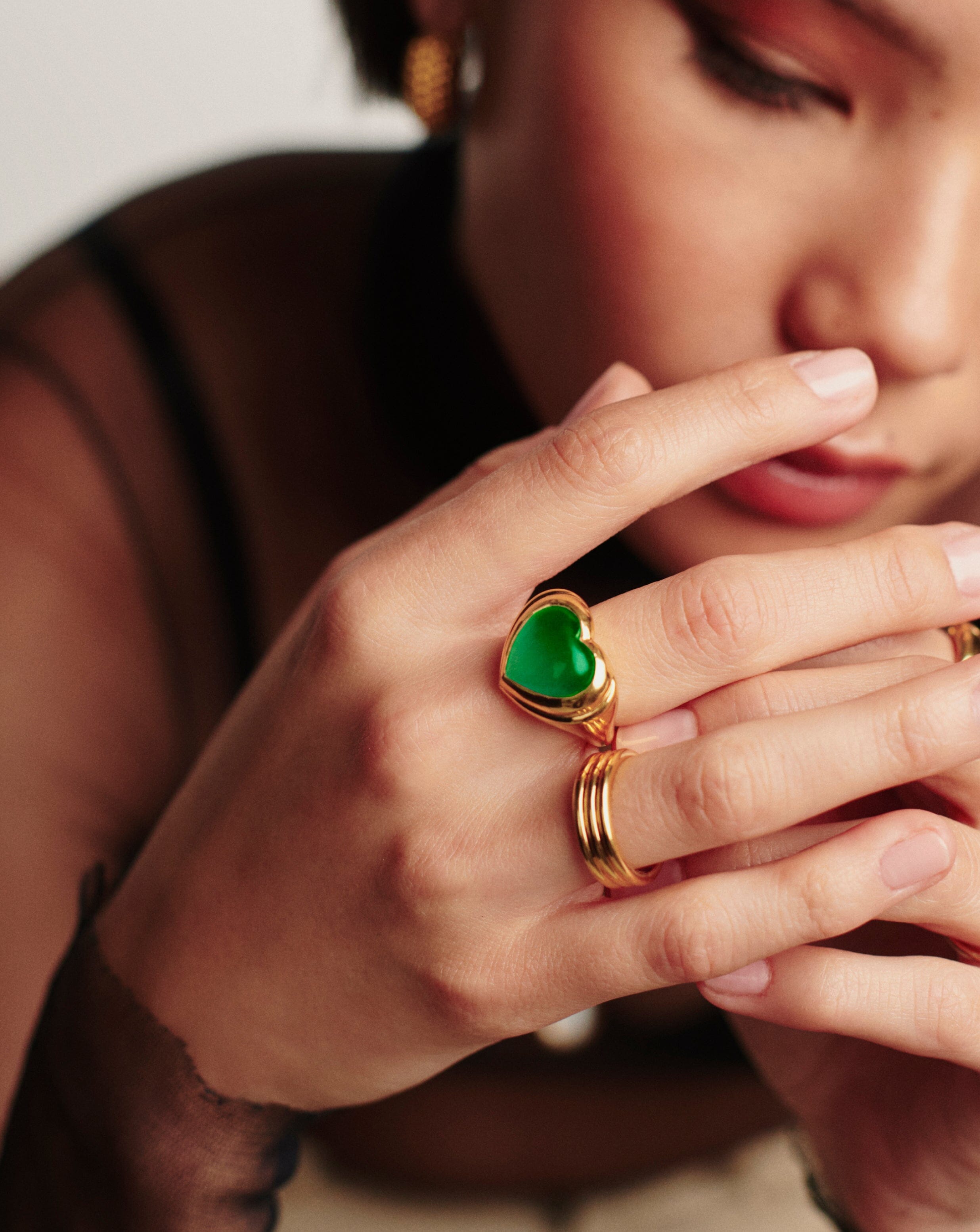 18k Gold Plated Jelly Heart Gemstone Ring with Green Chalcedony - Elegant Dainty Jewelry for Women, Perfect for Valentine's Day Gifts, Anniversary Presents & Everyday Wear