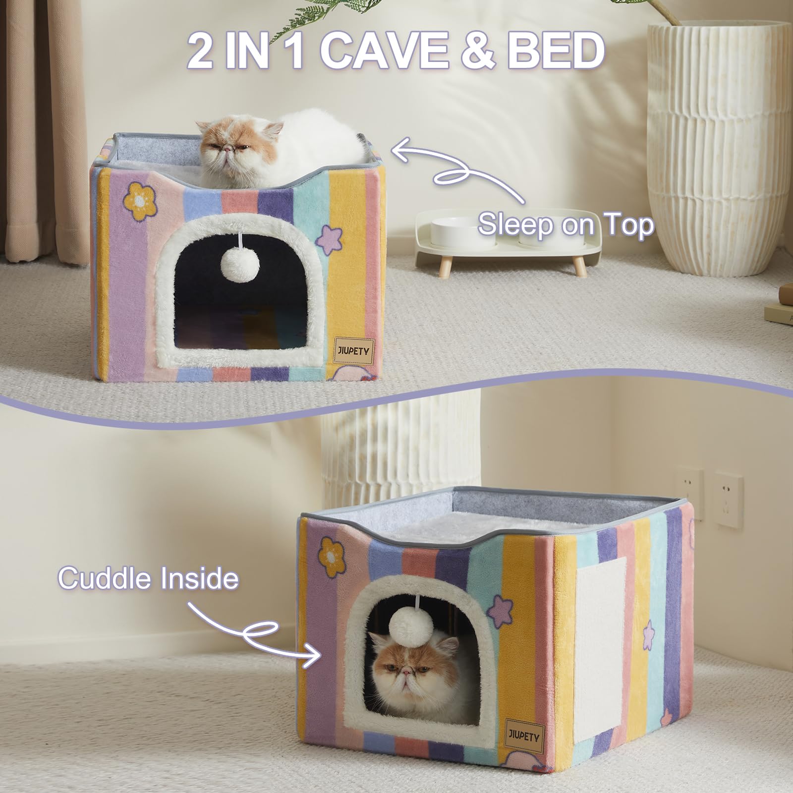 Jiupety Foldable Cat Bed for 2 Cats - Large Indoor Cat House with Scratch Pad & Toy Ball - 17in Pink Rainbow Cat Cave Cube for Hideaway - Perfect for Kittens, Multi-Cat Homes & Cozy Nap Spaces