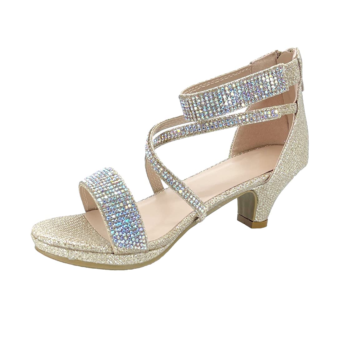 ABSOLEX Girls' Dressy Rhinestone Cross-Strap Open-Toe Low Heel Sandals - Toddler/Little Kid/Big Kid Sizes - Perfect for Weddings, Parties & Special Occasions