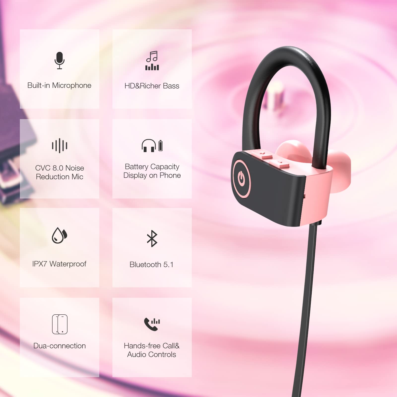 Boean Bluetooth 5.3 Wireless Headphones for Women - IPX7 Waterproof Sports Earbuds with 15H Playtime, Noise Cancelling for Running, Workout, Gym & Travel | Perfect Gift for Girls & Active Lifestyles