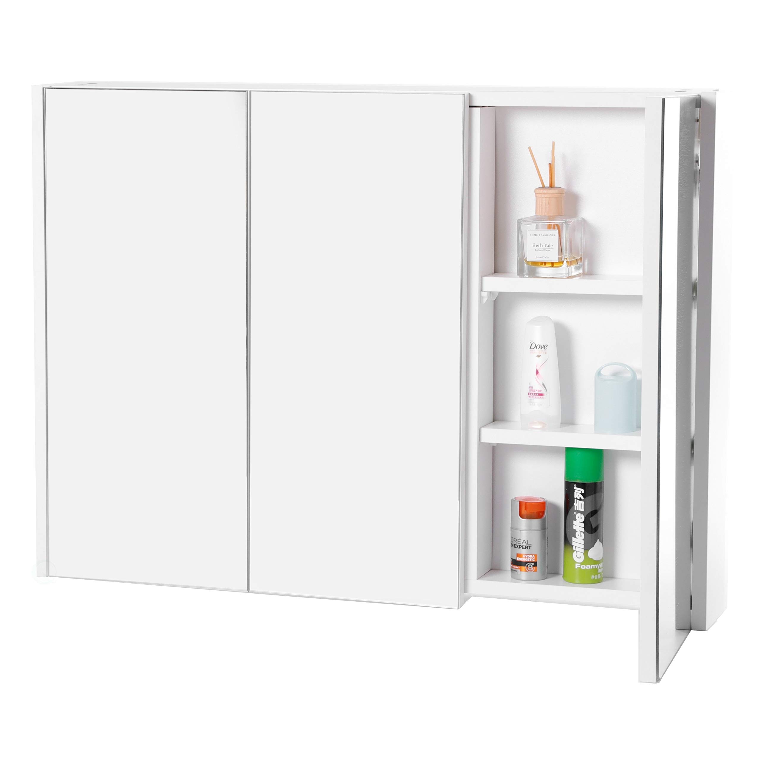 3-Tier White Wall Mounted Bathroom Vanity Cabinet with Mirror - Adjustable Shelves, MDF Wood Finish, Modern Medicine Cabinet for Bathroom Storage (Perfect for Small Spaces, Makeup Organization & Bath Essentials)