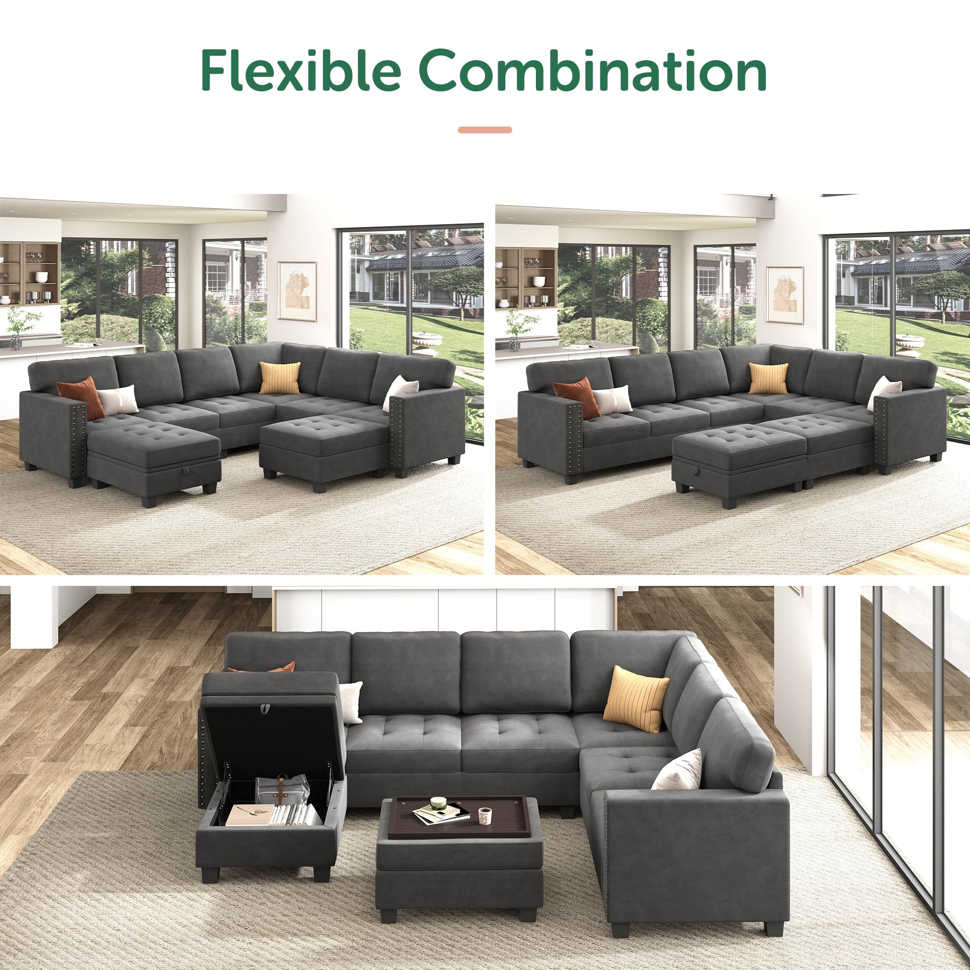 HONBAY Velvet Modular Sectional Sofa - L-Shaped Couch with Storage Ottoman & Top Tray, U-Shape Living Room Sofa in Grey | Perfect for Small Spaces, Apartments & Cozy Home Decor