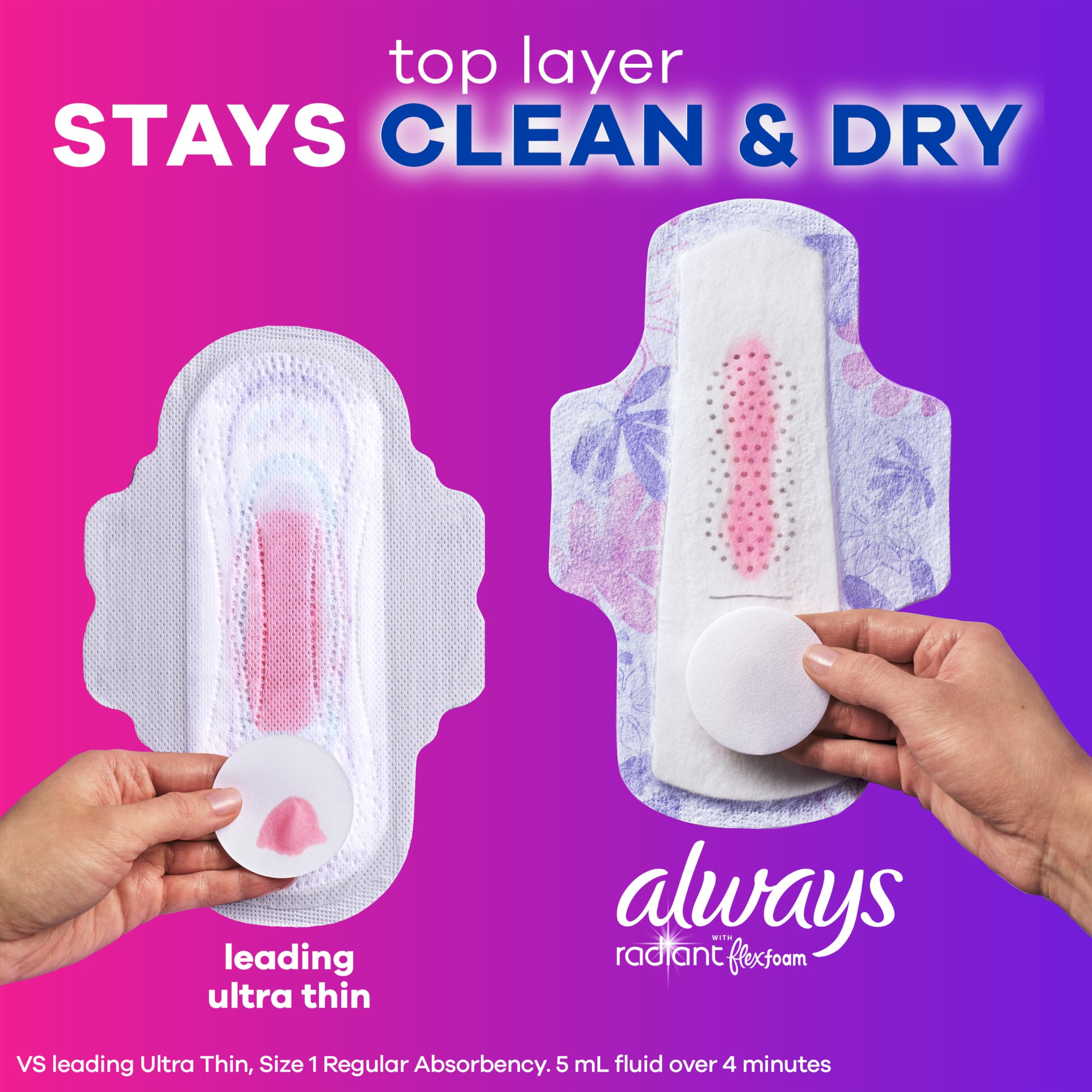 Always Radiant Feminine Pads for Women - Flexfoam with Wings, Size 1 Regular Absorbency, Lightly Scented, Leakproof Protection (42 Count) - Perfect for Daily Use, Workouts & Overnight Protection