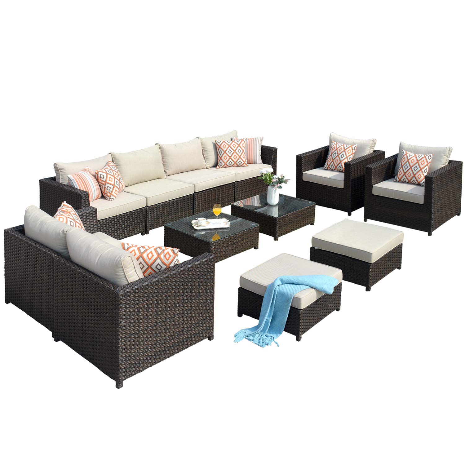 XIZZI 12-Piece Patio Furniture Set - Sunbrella Outdoor Sectional Sofa with 4 Pillows & 2 Covers - No Assembly Required - Brown Wicker & Beige Sunbrella Fabric - Perfect for Backyard, Poolside & Outdoor Entertaining