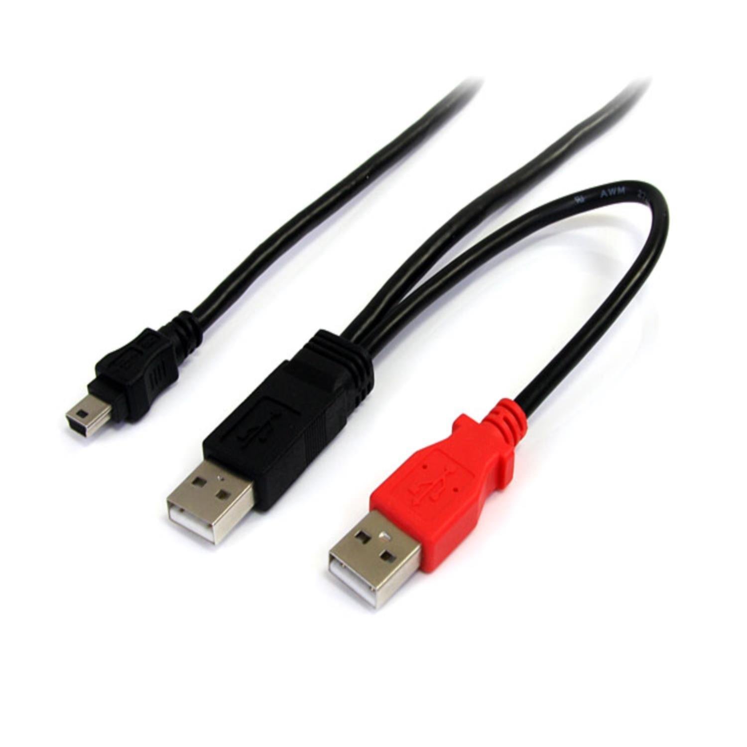 StarTech.com 1 ft USB 2.0 Y Cable for External Hard Drive - USB A Male to Mini B Male - High-Speed Data Transfer - Compatible with Seagate, WD, Toshiba - Perfect for Backup, Storage & Power Supply - Black (USB2HABMY1)