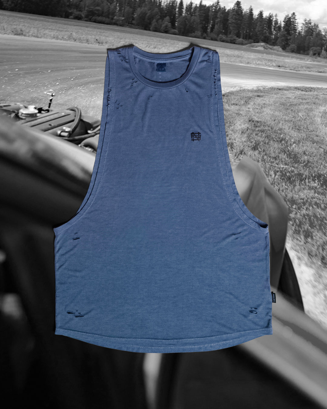 **Distressed Blue Motorcycle Tank Top for Men - Perfect for Biker Rides, Gym Workouts & Casual Streetwear**