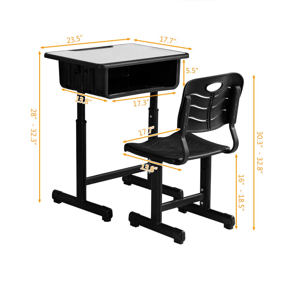 Adjustable Height Student Desk and Chair Set with Drawer, Pencil Grooves & Hooks - Ergonomic Study Workstation for Kids, Teens - Perfect for Home, School & Online Learning (Black & White)