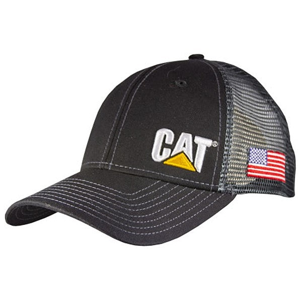 Structured Black Chino Trucker Hat with Mesh Back & Two-Tone CAT Logo - Patriotic US Flag Side Design for Outdoor Work & Casual Wear