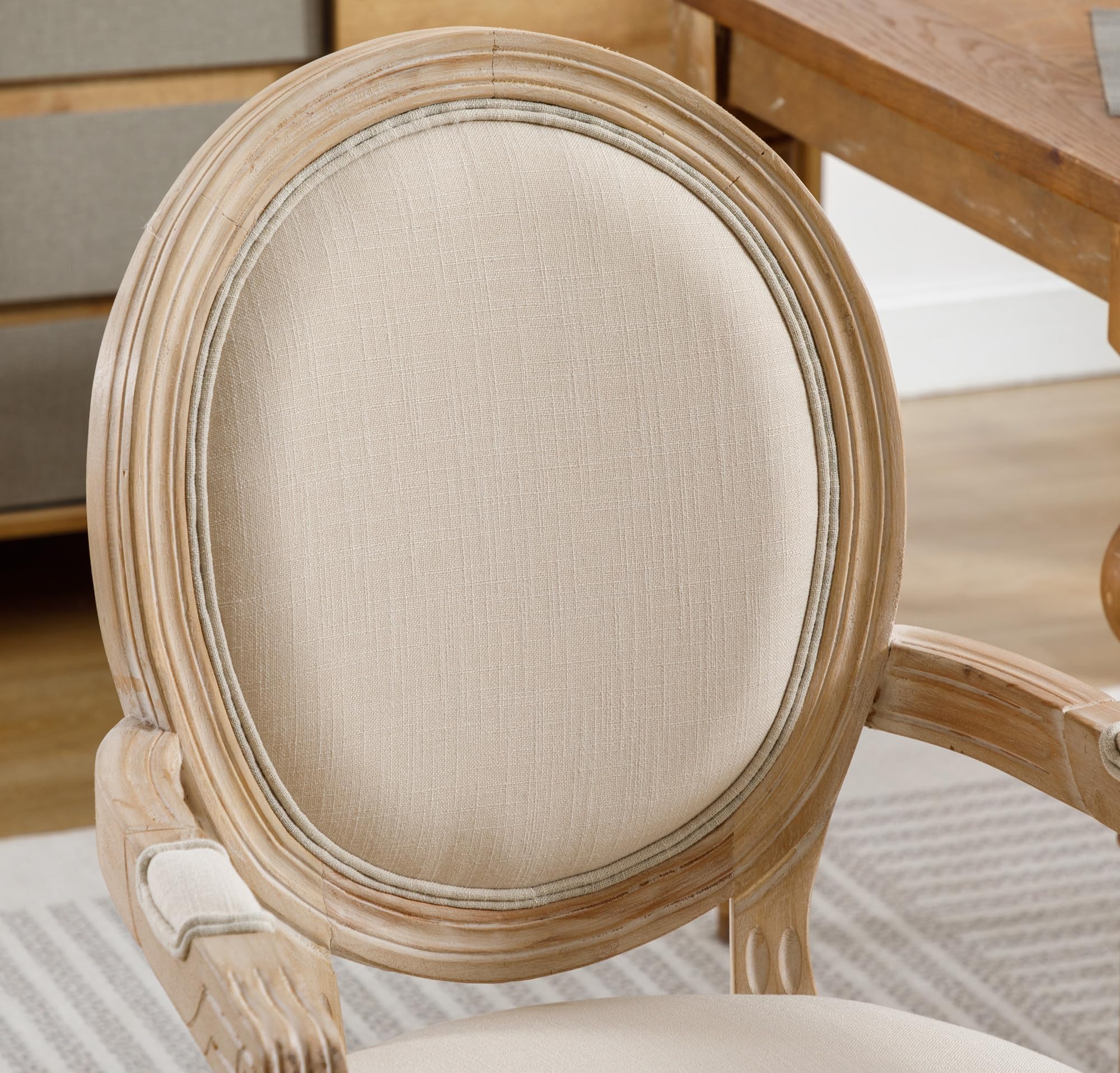 SSLine Set of 2 French Dining Chairs with Armrests - Solid Wood Farmhouse Kitchen Chairs, Retro Round Back Upholstered in Linen - Perfect for Dining Room, Living Room & Bedroom Decor