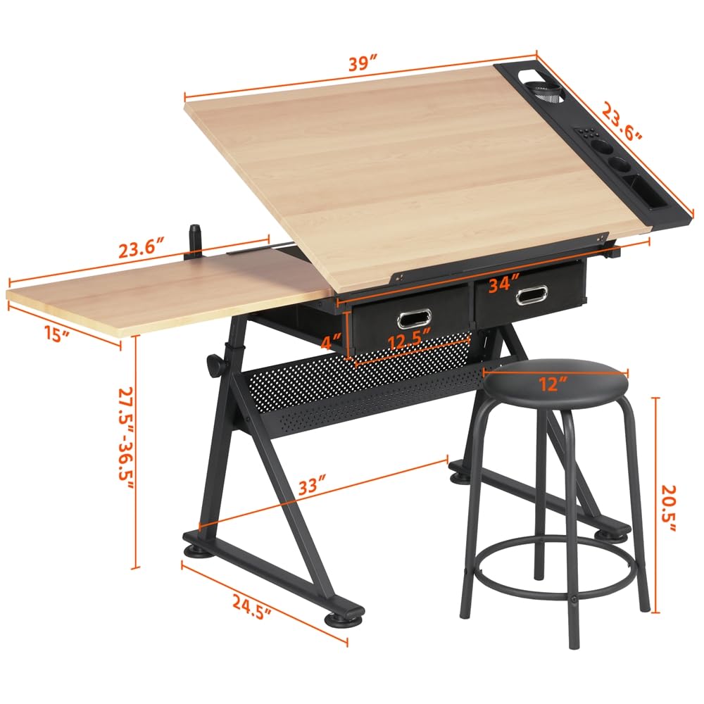 Yaheetech Adjustable Height Drafting Table - Tilting Art Desk for Drawing, Painting & Sketching with 2 Storage Drawers & Stool | Perfect for Artists, Designers & Home Office Workspace