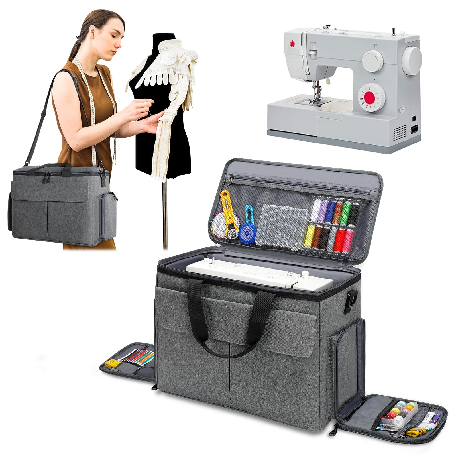 Skureay Universal Sewing Machine Carrying Case with Multiple Storage Pockets & Removable Thick Pad - Durable Tote Bag for Most Standard Sewing Machines and Accessories | Perfect for Sewing Classes, Craft Fairs & Home Storage