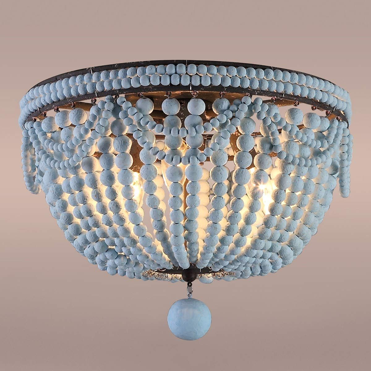 Vintage Farmhouse Ceiling Light - Distressed Wood Bead Chandelier with Retro Flush Mount, Blue Pendant Lighting Fixture for Kitchen Island, Dining Room, Bedroom & Living Room Decor