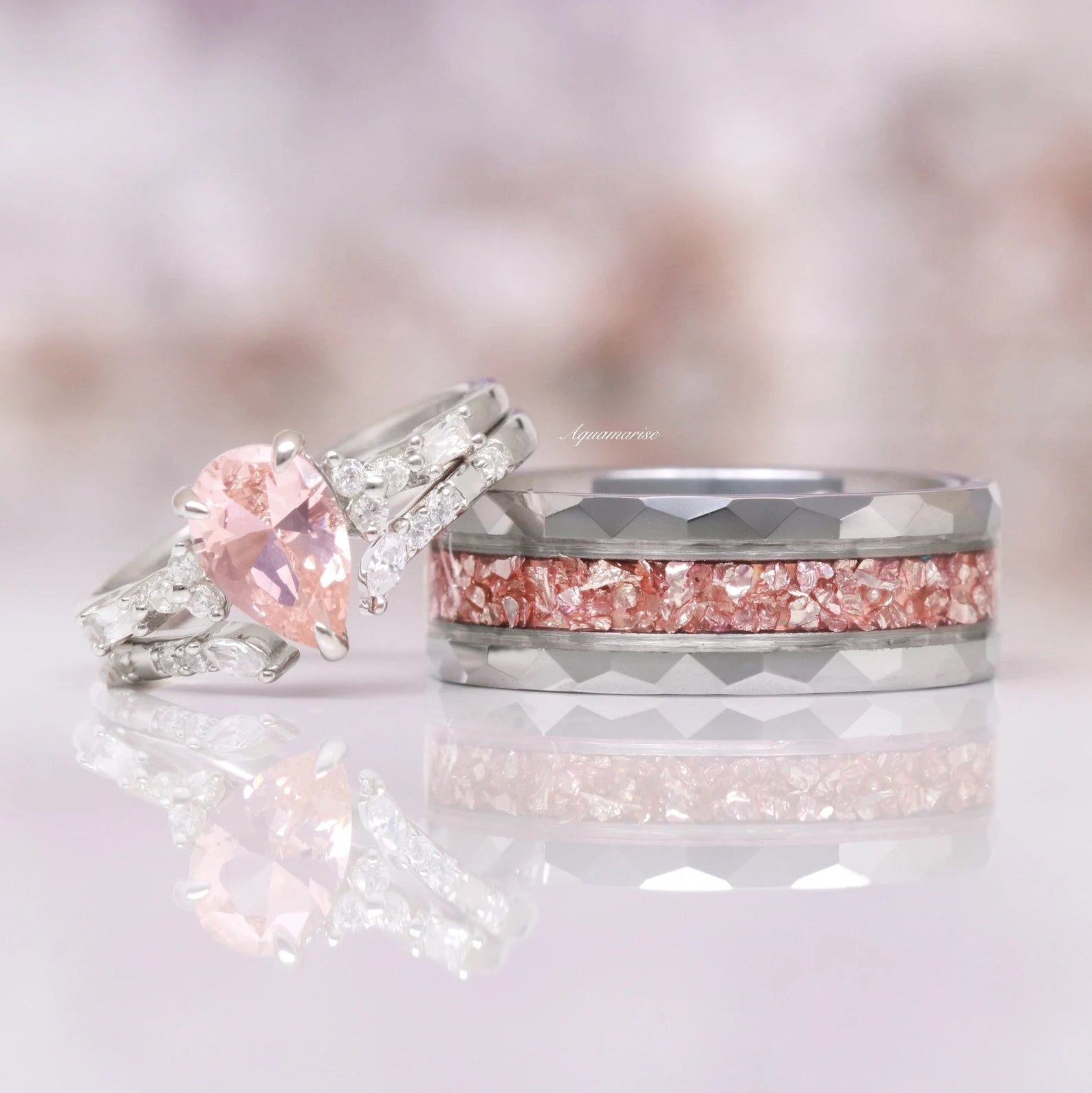 Elegant Teardrop Morganite Couples Ring - 925 Sterling Silver Matching Wedding Bands for Her & Him - Perfect for Anniversaries, Engagements & Romantic Gifts