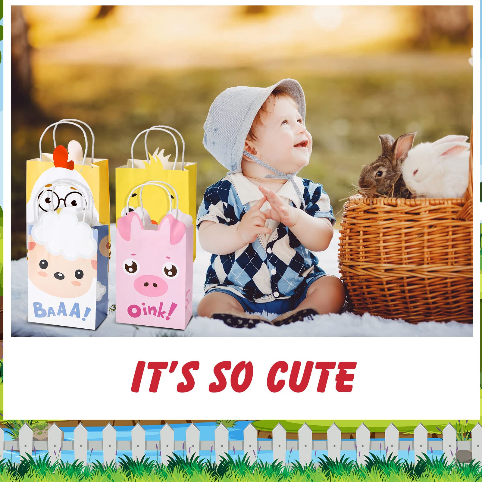 Farm Animal Party Favor Bags with Handles - Barnyard Birthday Treat Goody Bags for Kids | Kraft Paper Candy Gift Bags for Farm Theme Parties, Baby Showers & School Events
