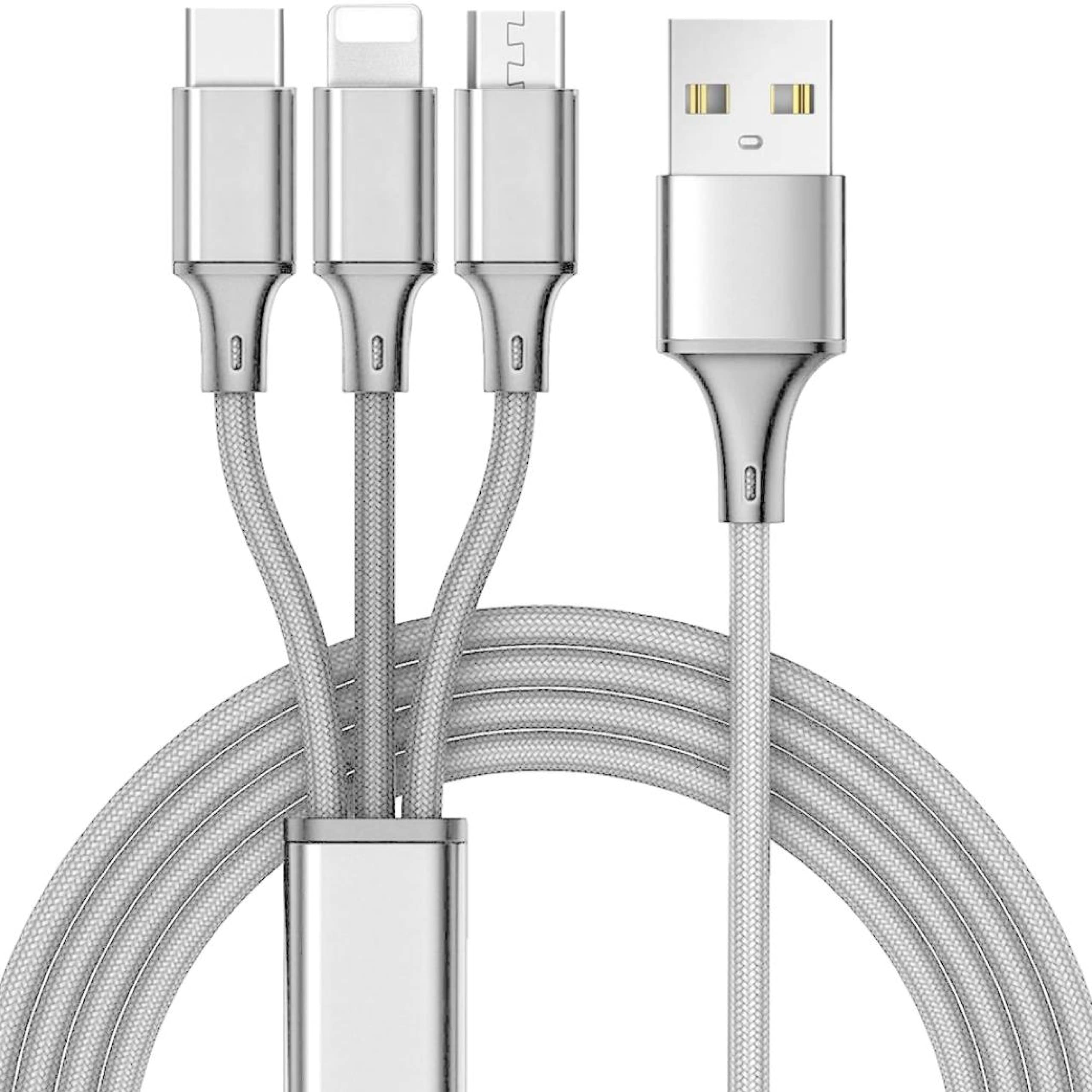 3-in-1 USB Charging Cable 10ft - Fast Charging Multi-Device Cable for iPhone, Android, iPad - Universal Phone Charger Cord - Durable Nylon Braided Smartphone Accessories (Silver) - Perfect for Home, Office, Car & Travel Charging