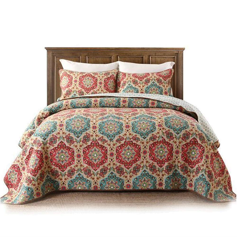 Vintage Floral Quilted Bedspread Set - Reversible King Size Coverlet (230x250cm) with 2 Pillowcases (50x70cm) - Elegant Cotton Bedding for Master Bedroom, Guest Room & Cozy Living Room Throws