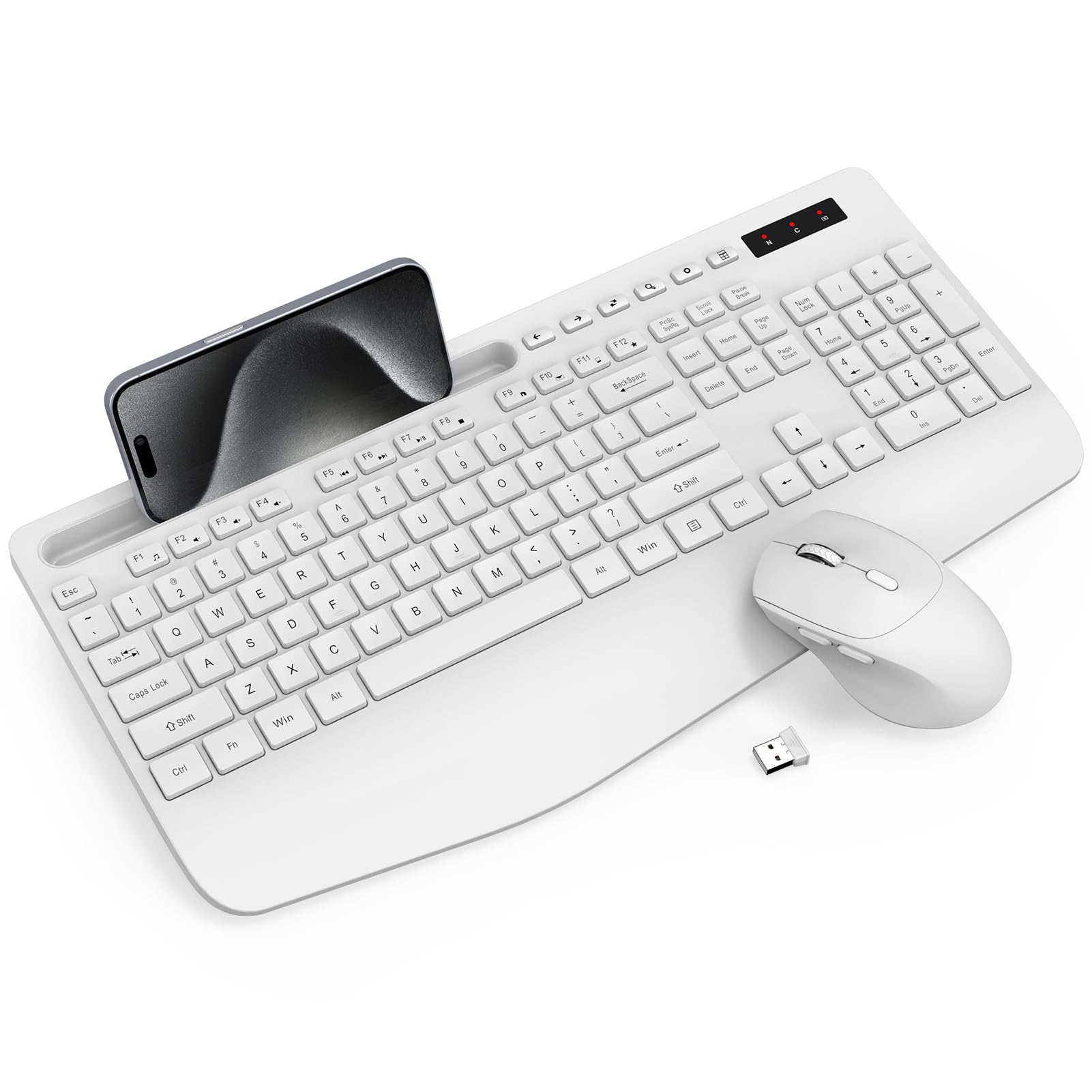 **Ergonomic Wireless Keyboard and Mouse Combo - Full-Sized 2.4GHz Silent Keyboard with Wrist Rest & Phone Holder for PC, Laptop, Mac (Windows Compatible) - Perfect for Home Office, Gaming, and Remote Work (White)**