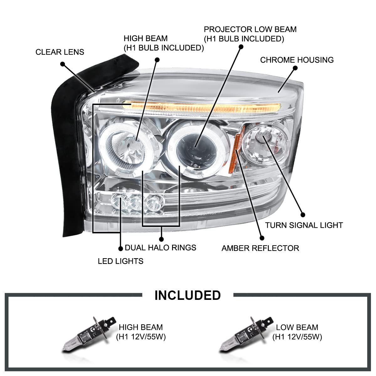 Spec-D Tuning Chrome Projector Headlights for 2005-2007 Dodge Dakota - Left & Right Pair Headlamp Assembly - Upgrade Your Truck's Style & Night Visibility