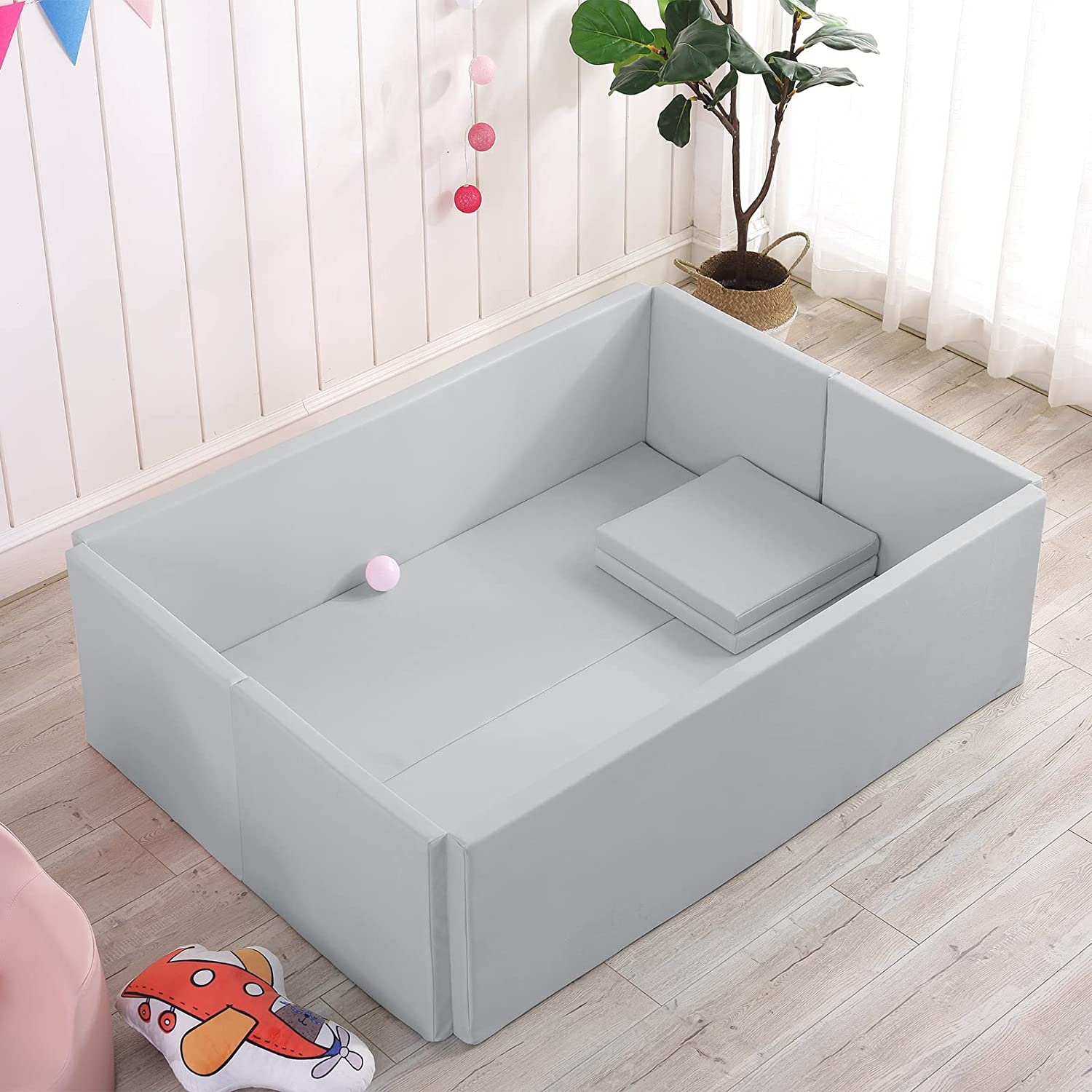 Soft Foam Foldable Grey Ball Pit Crawling Fence - Safe Playpen for Toddlers & Kids - Indoor/Outdoor Playground for Home, Daycare & Backyard Fun