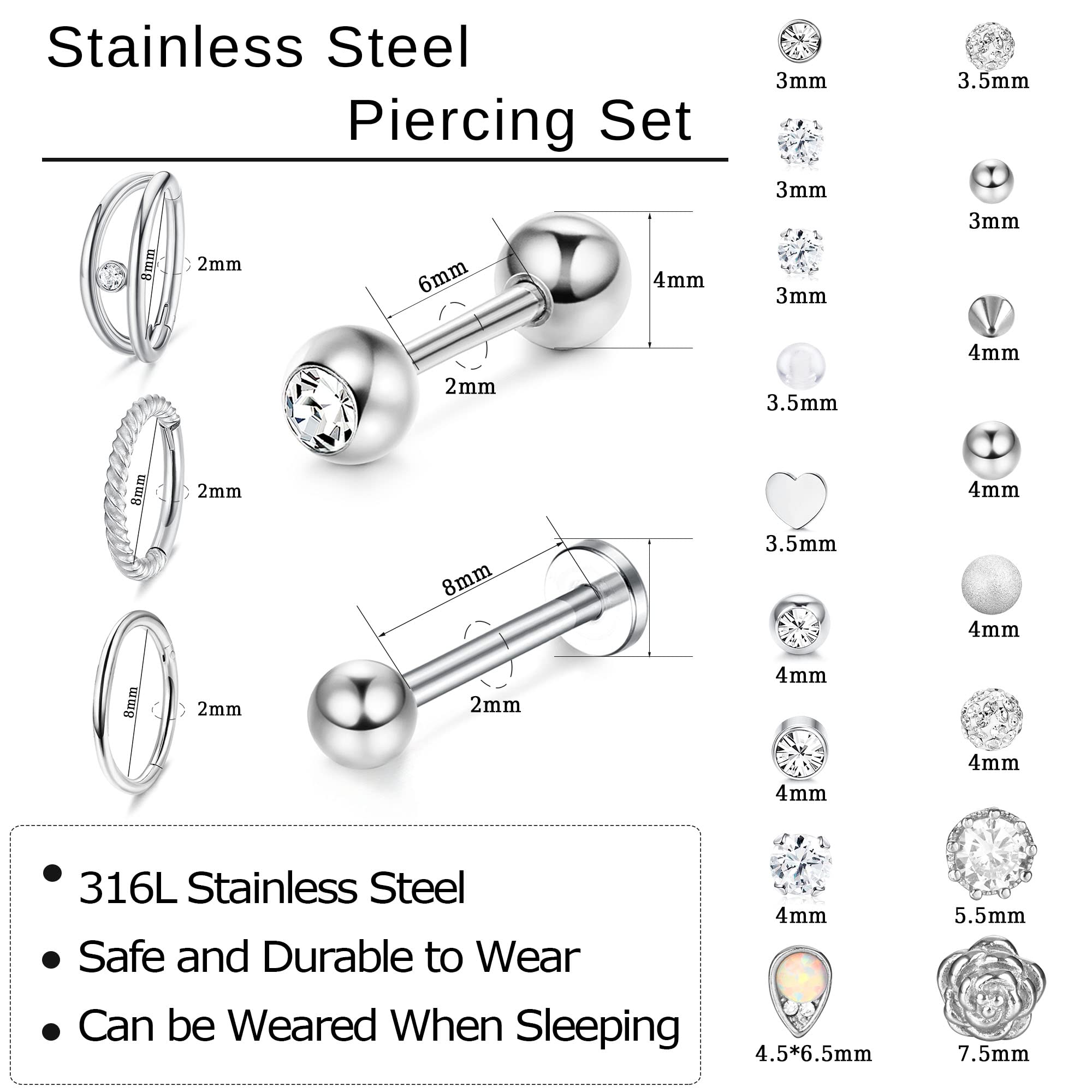20 Pcs Stainless Steel Cartilage Earrings Set - Helix, Tragus, Daith Piercing Hoops with Flat Back & Ball Studs for Women | Hypoallergenic Body Jewelry for Everyday Wear & Special Occasions