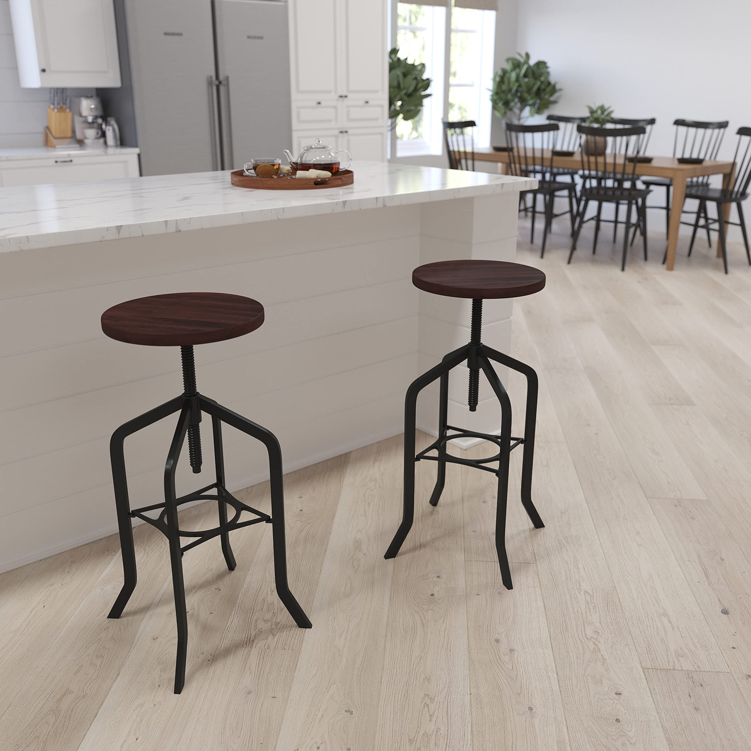 Merrick Lane Bergen Black Metal Bar Stool - Wood Grain Counter Stool - Backless Kitchen Stool for Dining, Breakfast Nook & Home Bar - Adjustable Height Modern Bar Chair