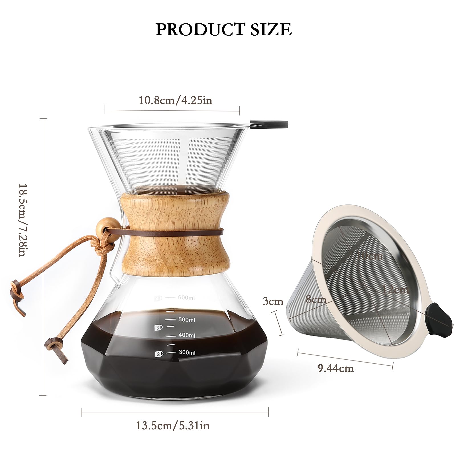 Premium Pour Over Coffee Maker with Stainless Steel Filter - 20oz Borosilicate Glass Carafe & Wooden Collar - Holds 3-4 Cups (600ml) - Perfect for Home Brewing, Office Use & Camping Coffee Making