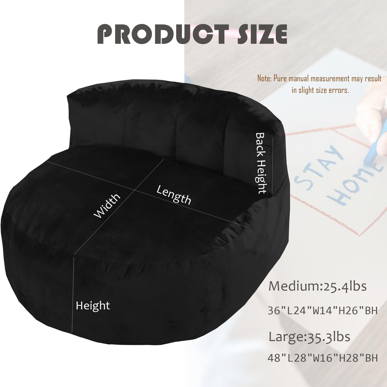 5FT Giant Bean Bag Chair with Memory Foam Filling - Dutch Velvet Cover for Adults, Kids & Teens - Large Black Beanbag Sofa with Back Support - Perfect for Living Room, Game Room & Dorm Relaxation