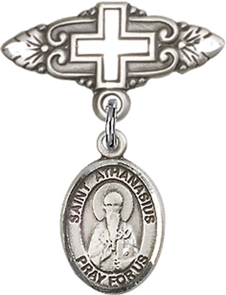 Sterling Silver St. Athanasius Baby Badge with Cross Charm & Pin - Handmade in USA - Perfect for Christening, Baptism & First Communion Gifts