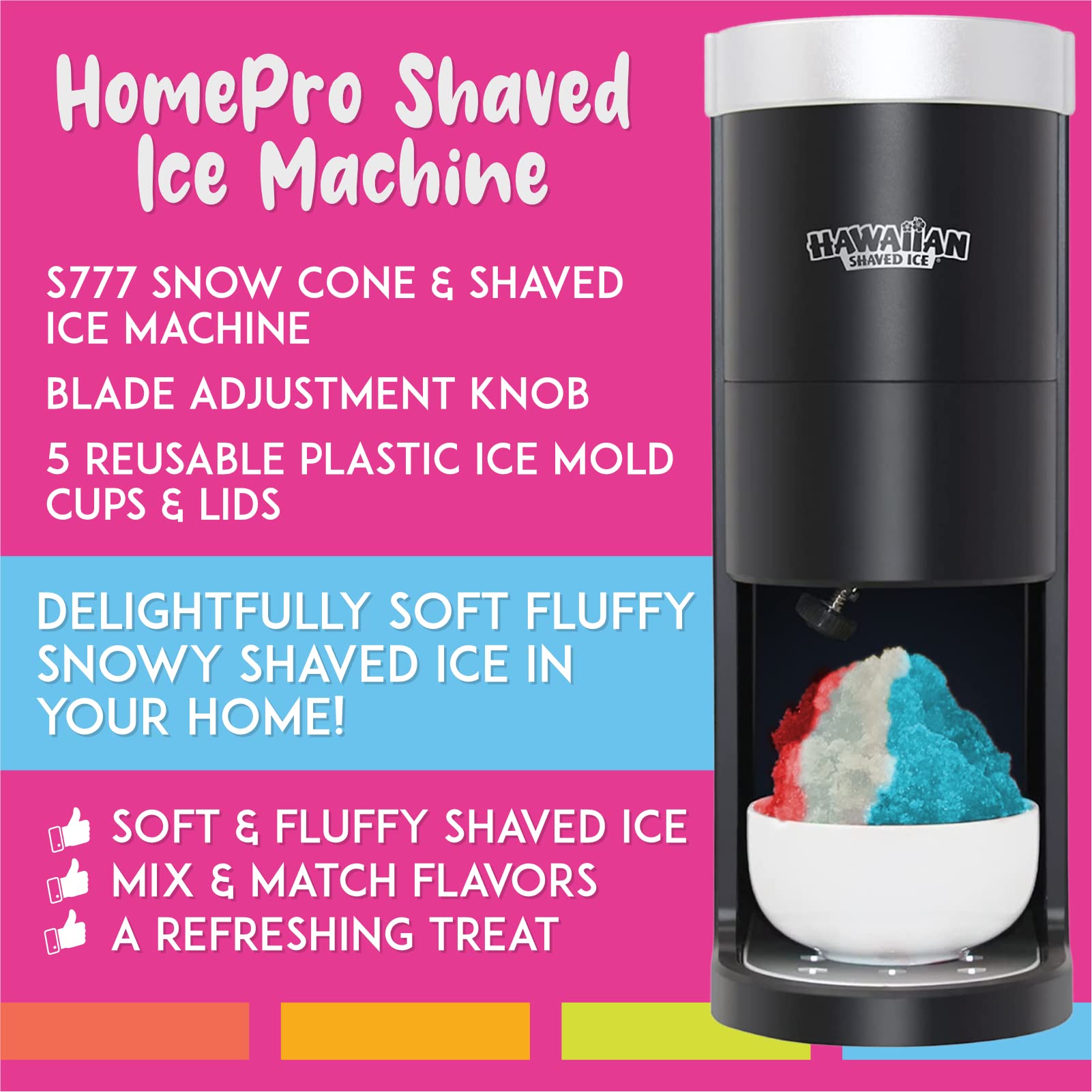 Premium Hawaiian Shaved Ice Machine S777 - Adjustable Blade Snow Cone Maker with 5 Reusable Ice Mold Cups - Perfect for Granitas, Italian Sodas, Cocktails & Frozen Treats - 120V Matte Black Commercial & Home Use