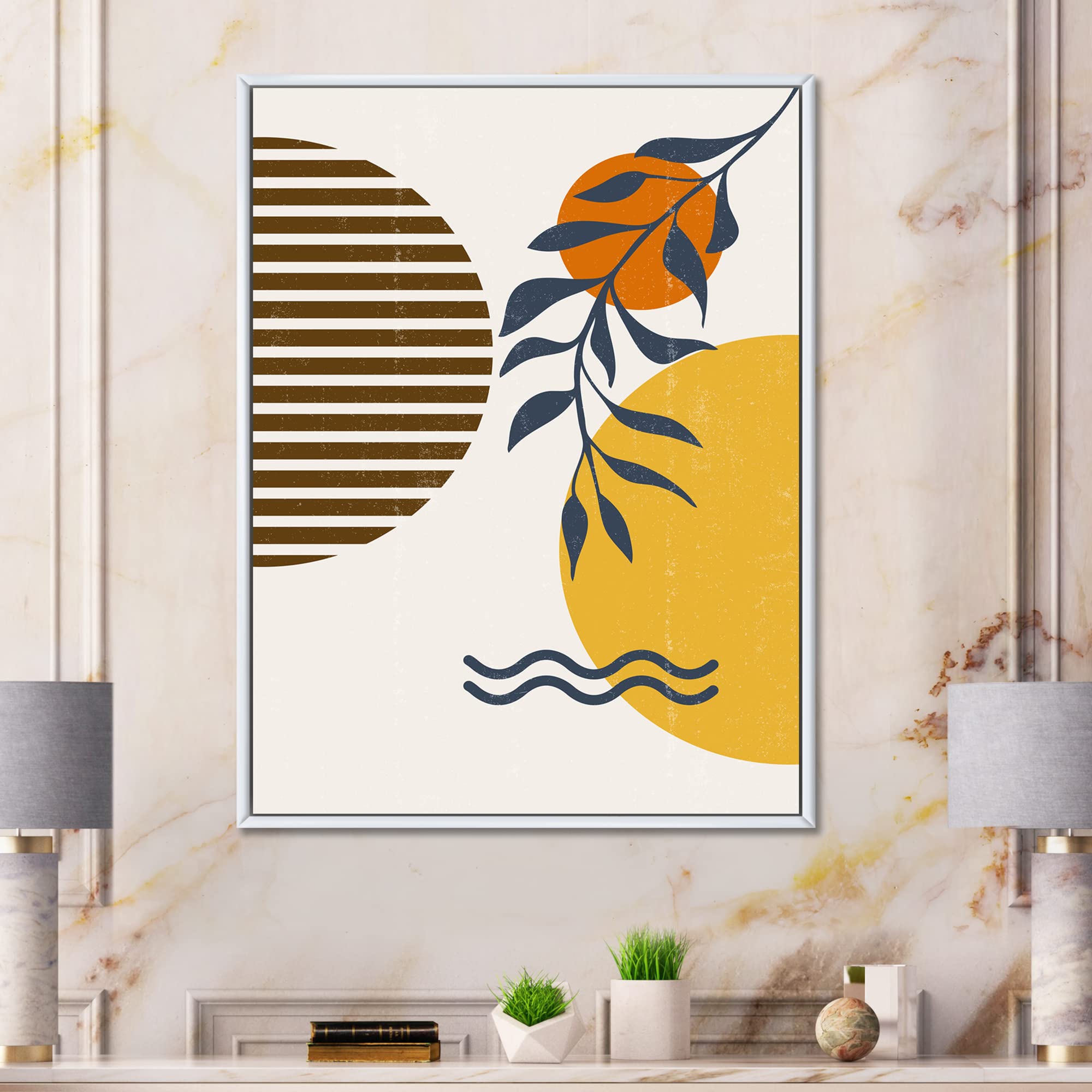 DesignQ Botanical Minimalist Leaf With Abstract Shapes I - Modern Framed Canvas Wall Art Print for Living Room, Bedroom & Office Decor