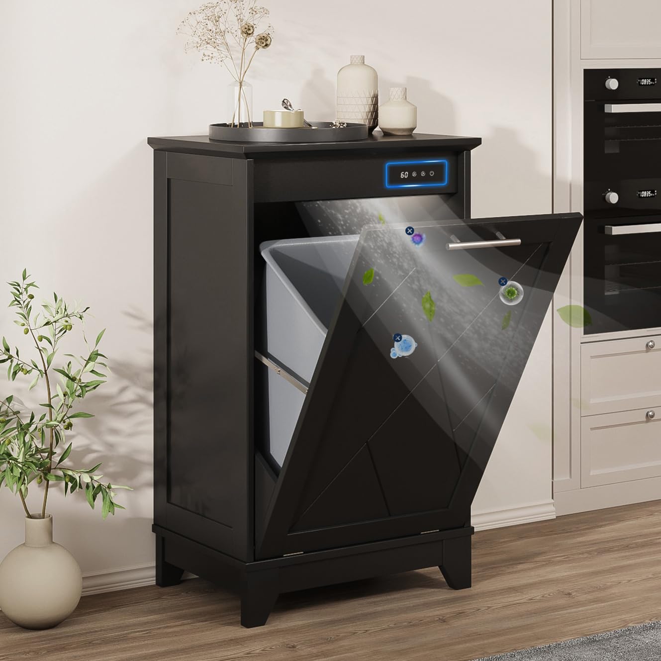 10-13 Gallon Free Standing Tilt Out Trash Cabinet with Negative Ion Deodorizer - Recycling Bin Storage for Kitchen & Living Room - Odor Control & Space Saving Solution for Home Waste Management