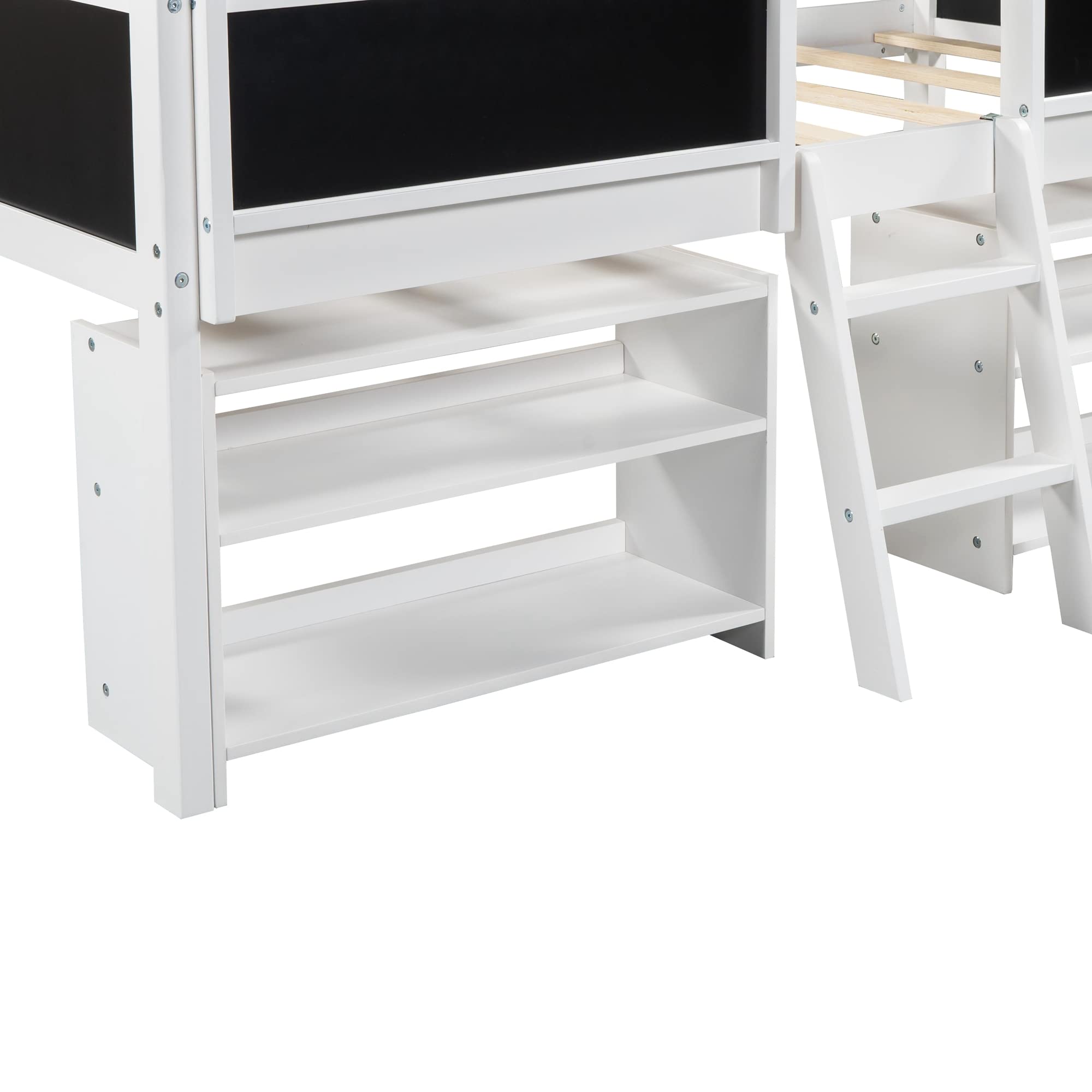 **Kids Twin Loft Bed with Ladder & Movable Shelves - Wooden Low Loft Bed for Toddlers, White Finish with Chalkboard Guardrail - Perfect for Small Bedrooms & Playrooms**