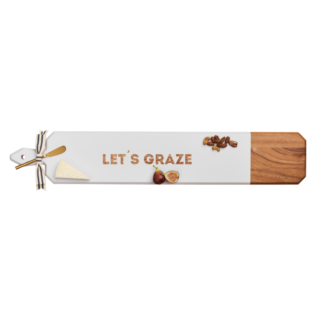 Acacia Heirloom Wooden Charcuterie Board with Gold Cheese Spreader & Ribbon – Elegant White Cheese Platter for Entertaining (34 x 6 Inches) – Perfect for Wine Parties, Bridal Showers & Holiday Gatherings