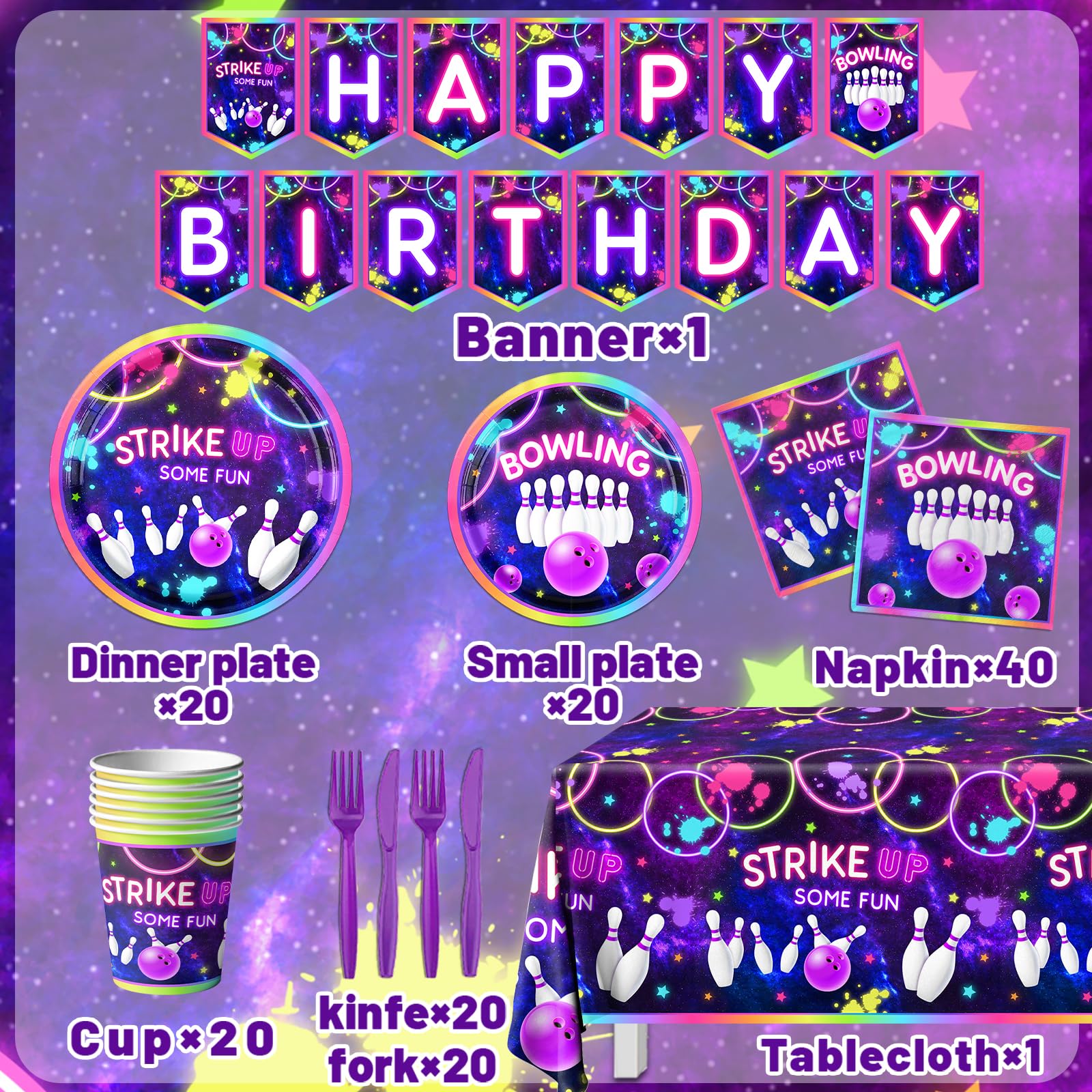 142Pcs Bowling Party Supplies Set - Disposable Plates, Tablecloth, Napkins, Cups & Utensils for Kids Birthday Decorations | Neon Rainbow Glow Theme | Perfect for Bowling Themed Parties, Baby Showers & Game Night Events