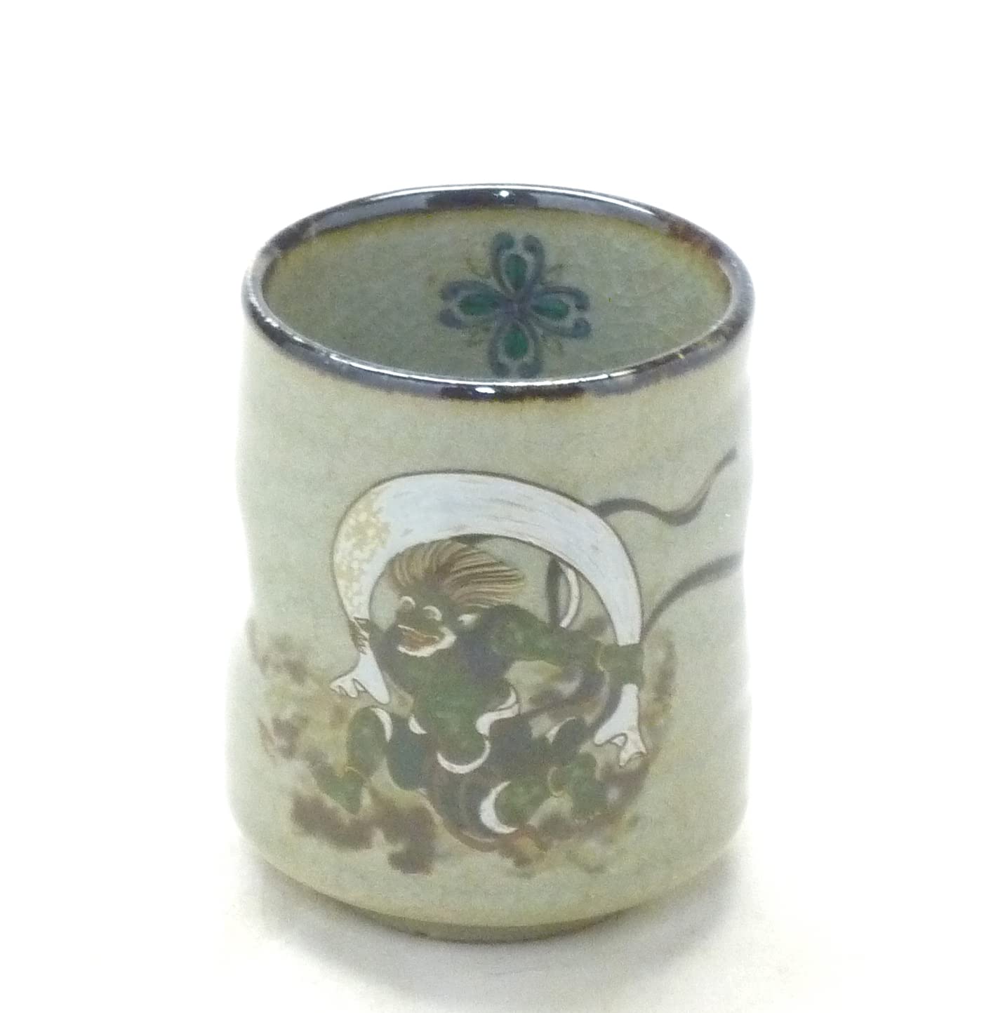Premium Hyakkaen Kutaniyaki Japanese Ceramic Tea Cup - Traditional Wind God & Thunder God Design - Small Hot Water Drinking Cup with Unique Back Picture - Perfect for Tea Ceremonies, Home Decor & Gift Giving