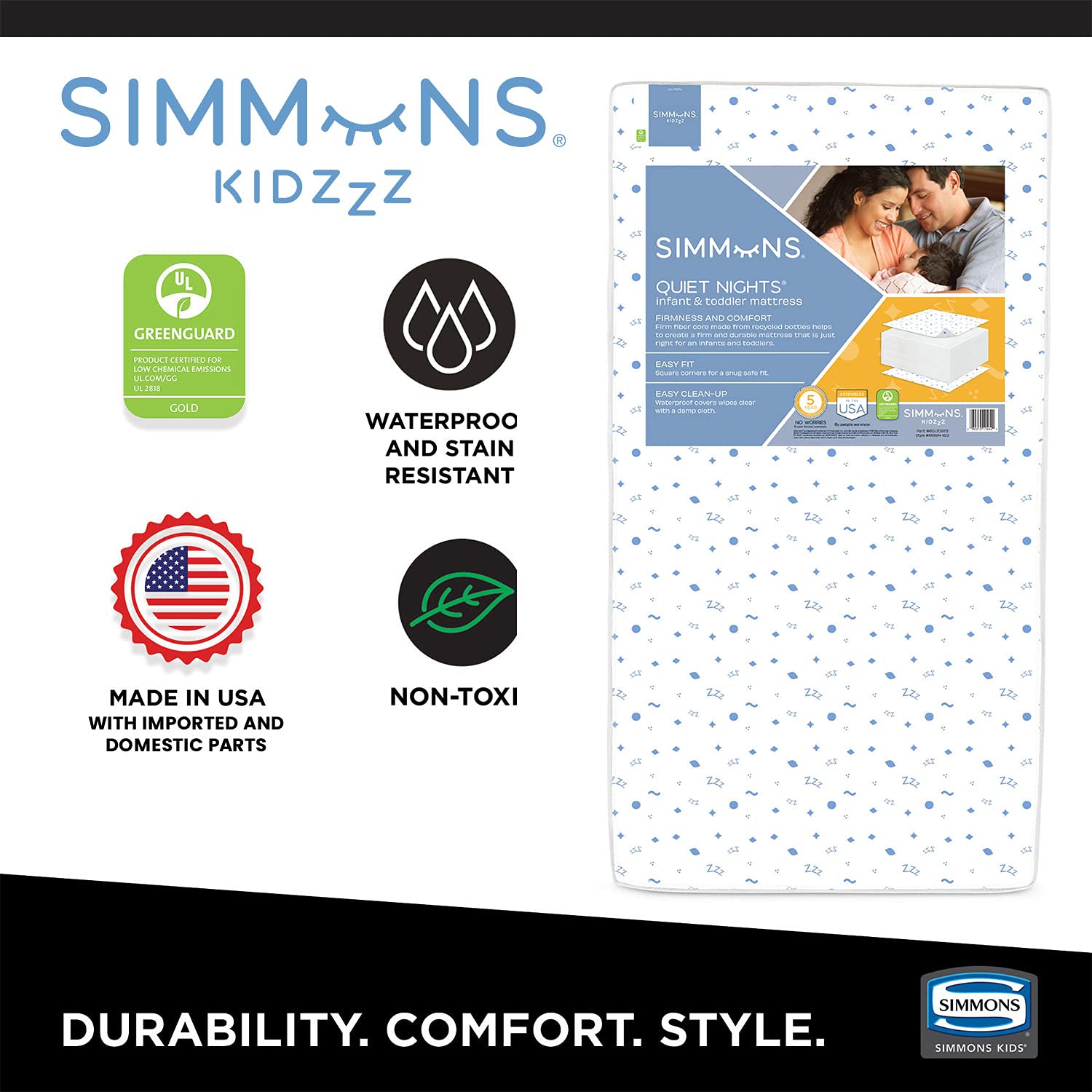 Delta Children Tribeca 4-in-1 Convertible Baby Crib with Simmons Kids Quiet Nights Eco-Friendly Toddler Mattress - GREENGUARD Gold Certified, Recycled Materials, Midnight Grey | Nursery Essential for Safe & Sustainable Sleep