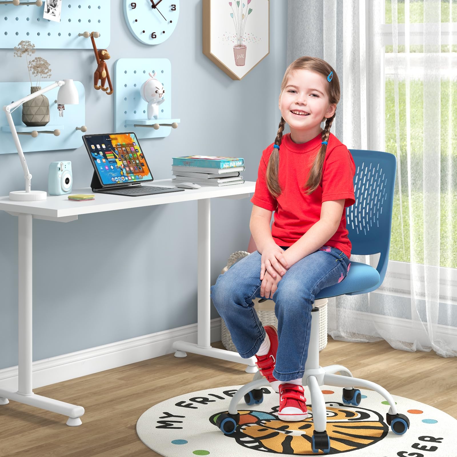Giantex Adjustable Kids Desk Chair - Ergonomic Study Chair for Children with Height Adjustment, Lumbar Support & Swivel Base - Perfect for Home Schooling, Online Learning & Computer Work (Blue)