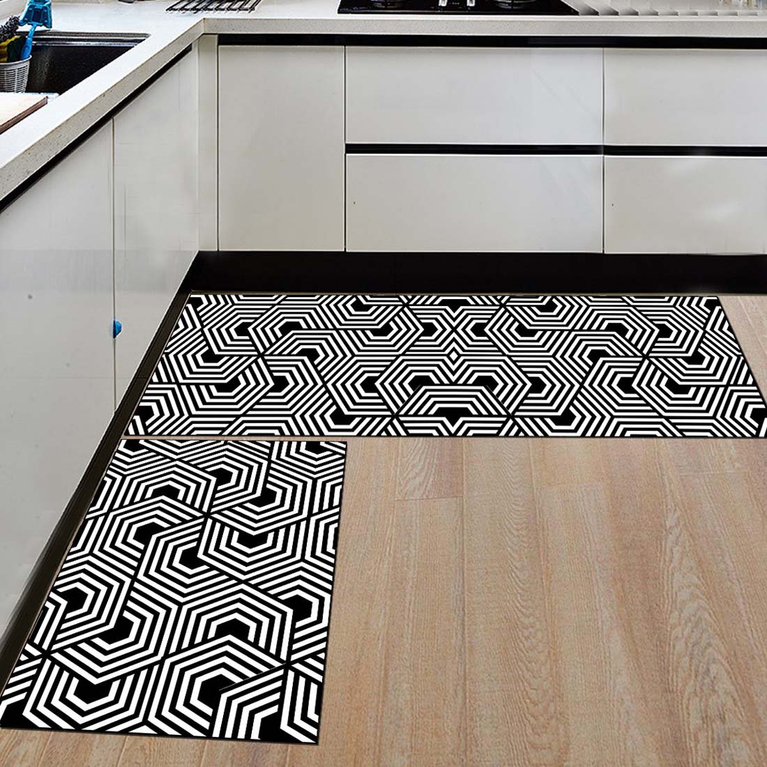 Non-Slip Kitchen Mats and Rugs - Black & White Hexagon Design, Low Profile Absorbent Floor Mat for Home, Bathroom, Bedroom - Perfect for Chef Cooking Areas, Bath Mats, and Indoor Runner Use
