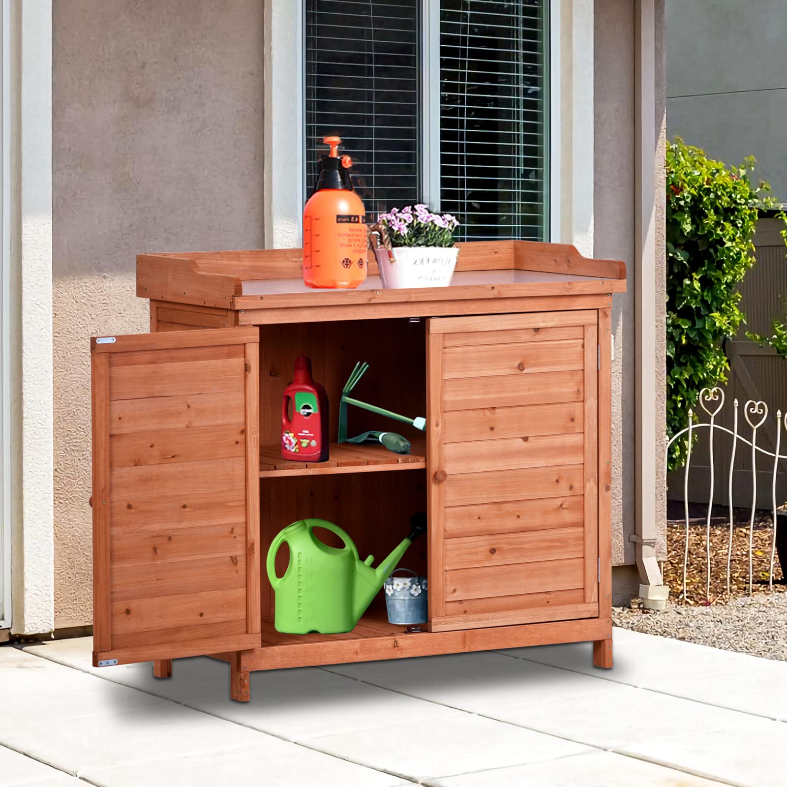 Waterproof Outdoor Wooden Storage Cabinet with Potting Bench - Rustic Garden Shed Organizer with Shelves & Hooks - Durable Fir Wood Construction (Orange) - Perfect for Backyard, Patio, and Gardening Tool Storage