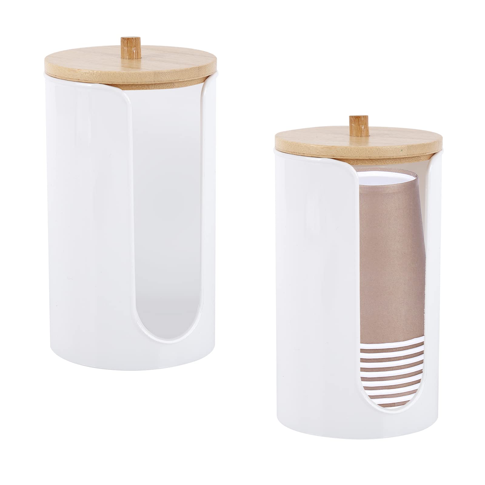 2-Pack Plastic Bathroom Cup Dispenser with Bamboo Lid - Paper Cup Holder & Cotton Pad Storage Container for Mouthwash Cups - Perfect for Vanity Countertops, Dental Rinsing & Bathroom Organization