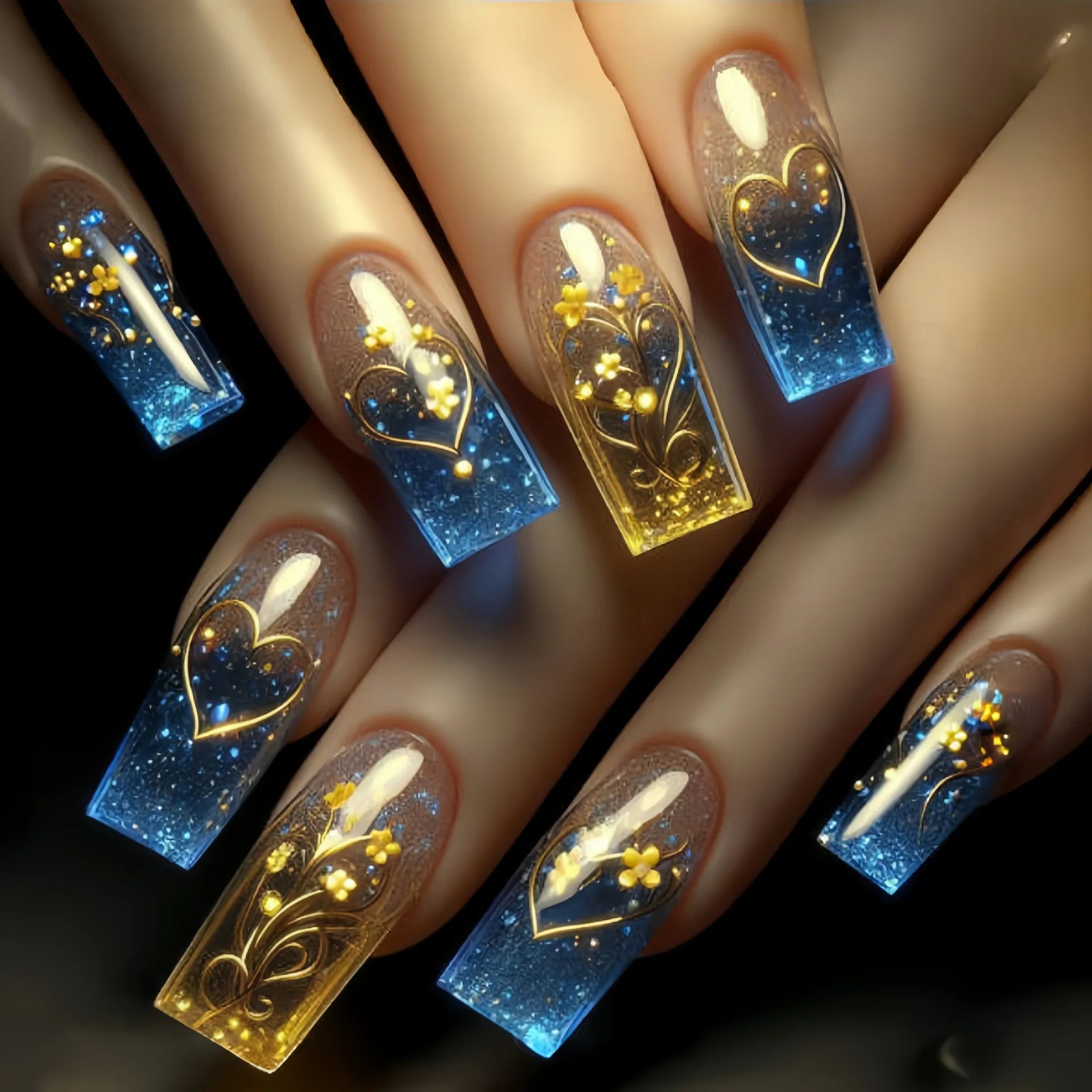 24Pcs Gold Foil Glitter Rose French Ballet Acrylic Fake Nails - Elegant Press on Nails with Floral Design for Women, Perfect for Parties, Weddings & Special Occasions